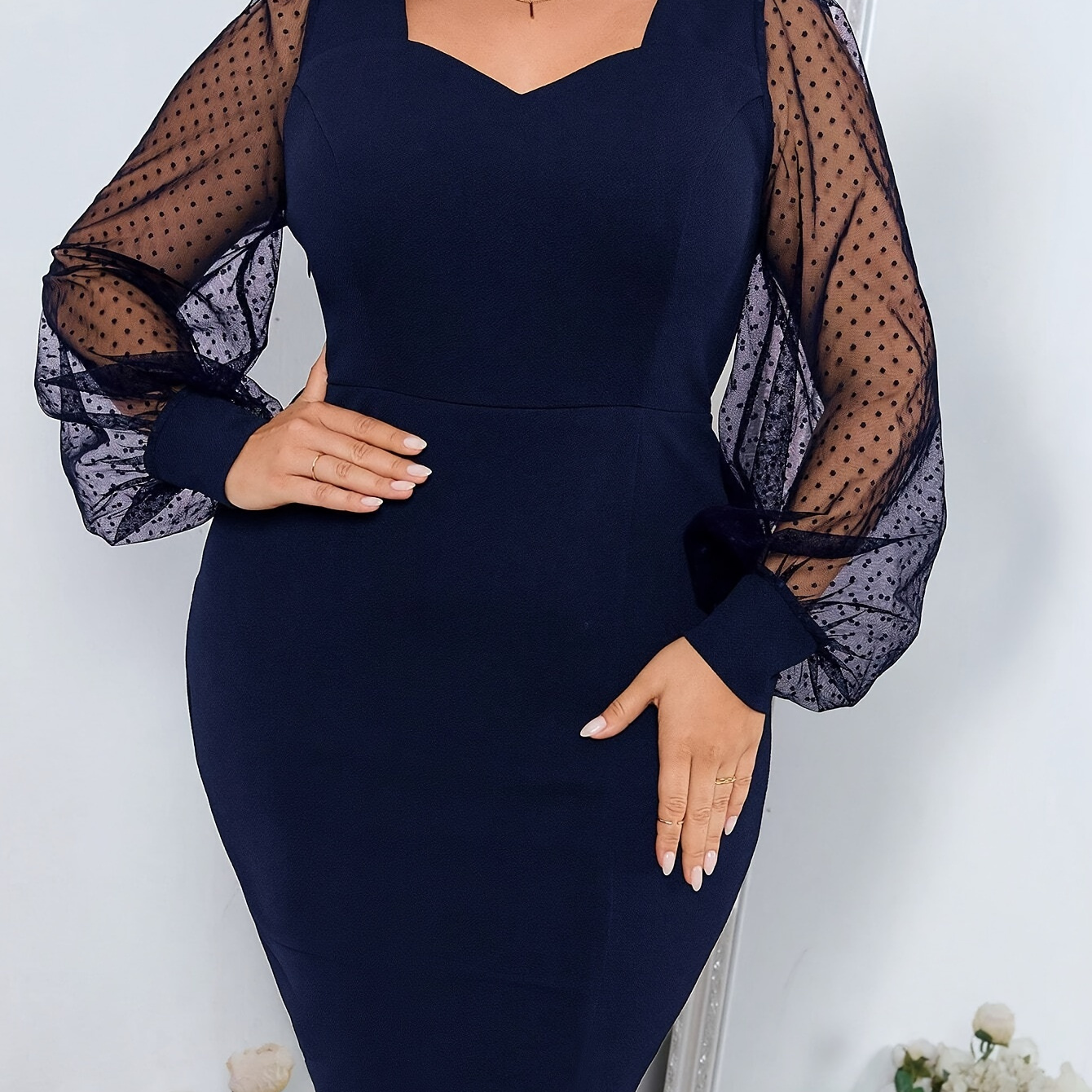 

Plus Size Mesh Stitching Bodycon Dress, Elegant Long Sleeve Slit Dress For Spring & Summer, Women's Plus Size Clothing