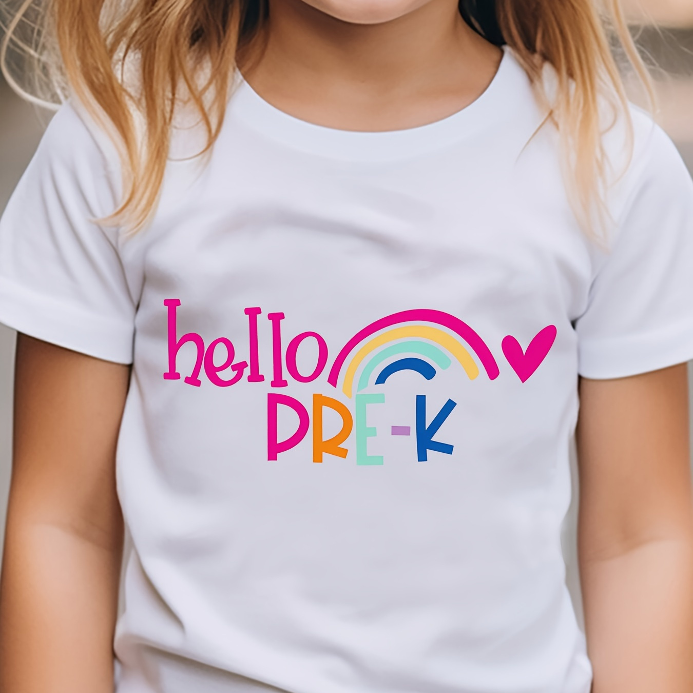 

Hello Pre-k Print Girl's Summer Crew Neck T-shirt, Versatile Breathable Top With Comfy Short Sleeves, Perfect For Everyday Life & Outdoor Activities