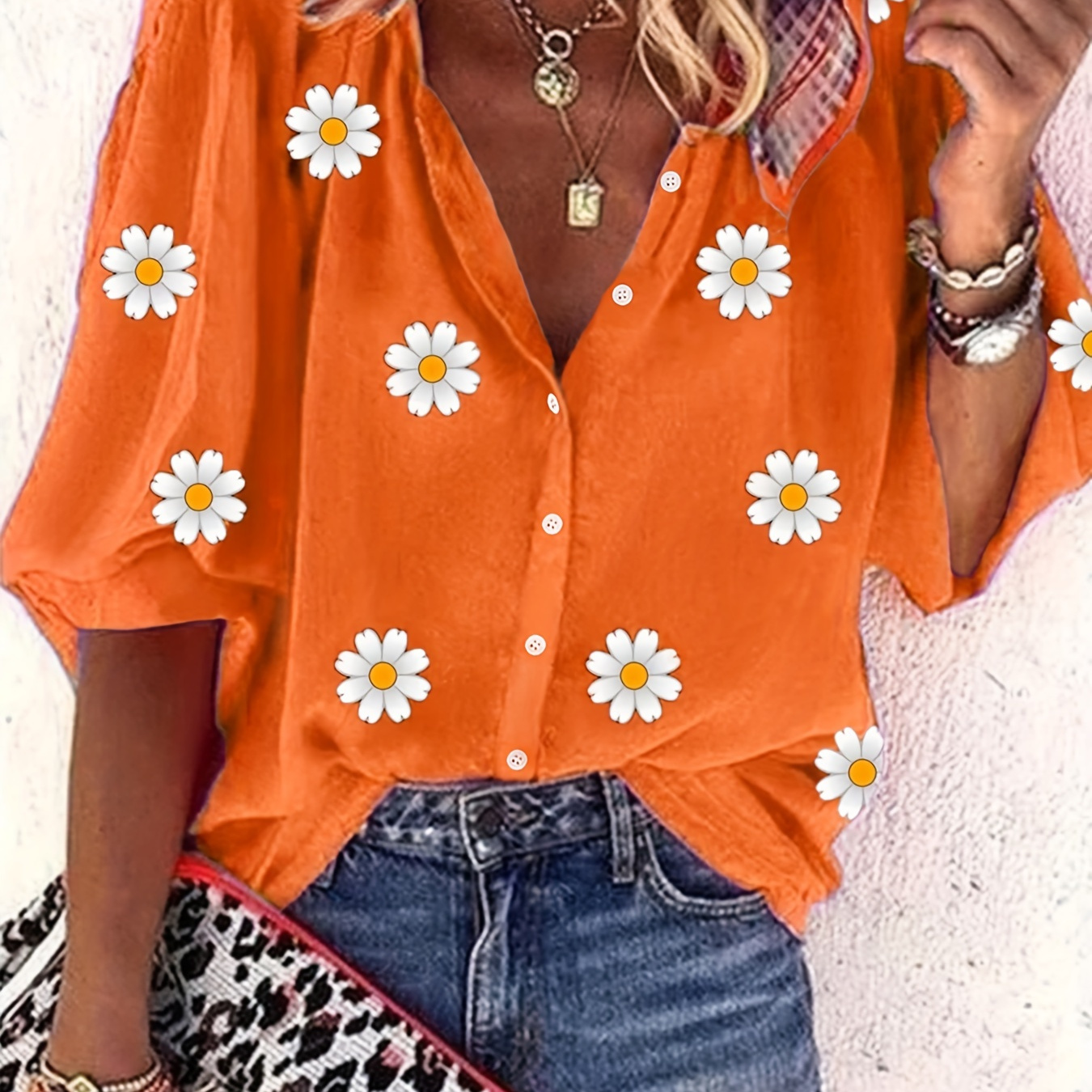 

Floral Print Button Front Shirt, Casual 3/4 Lantern Sleeve Blouse For Spring & Fall, Women's Clothing