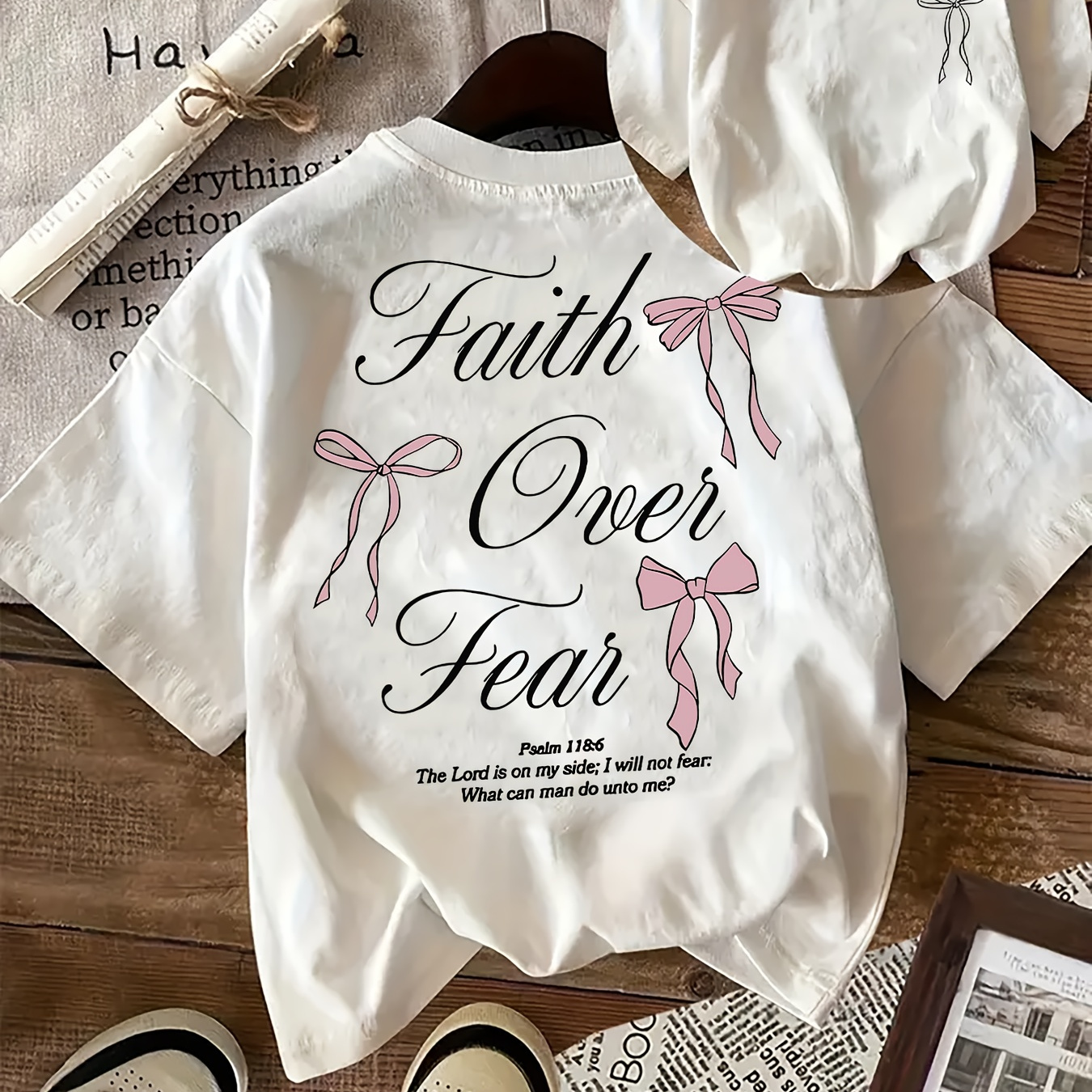 [1pc Fashion Graphic T-Shirt] 1pc Women'S Casual Round Neck T-Shirt with Butterfly Graphic, Polyester Knit Fabric, Regular Length Summer Tee - "Faith Over Fear" Motivational Quote