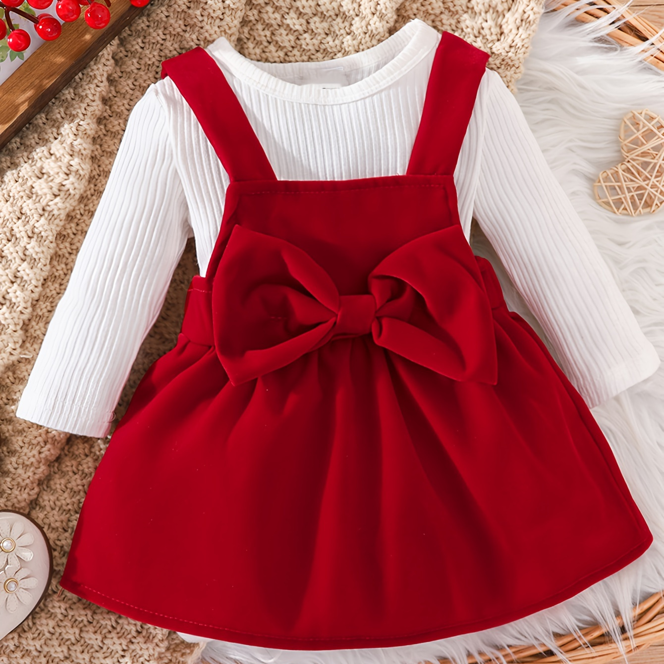 

Toddler Baby Girl Spring And Autumn Long-sleeved Triangle Romper Top Bowknot Suspender Skirt Set Chrismas 2pcs Outfit
