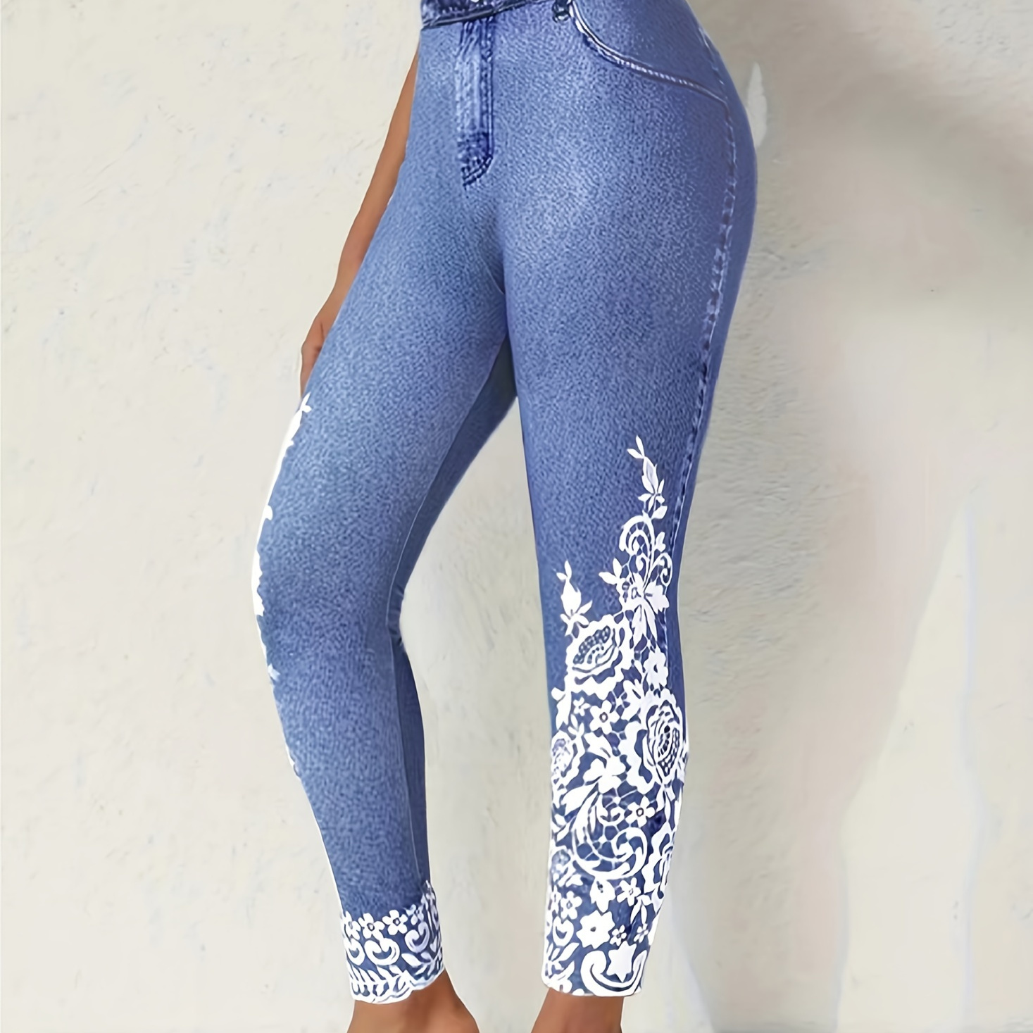 

Plus Size Floral 3d Print Stretch Denim-look Leggings - Comfortable & Breathable With Pockets, Waistband, Casual & Sports Wear, Plus Size Pants