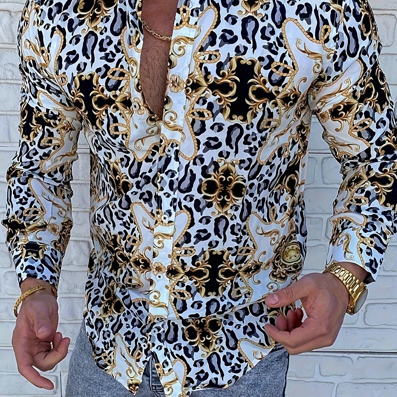 

Leopard Print Men's Baroque Style Vintage Long Sleeve Button Down Shirt For Spring Fall, Party Banquet