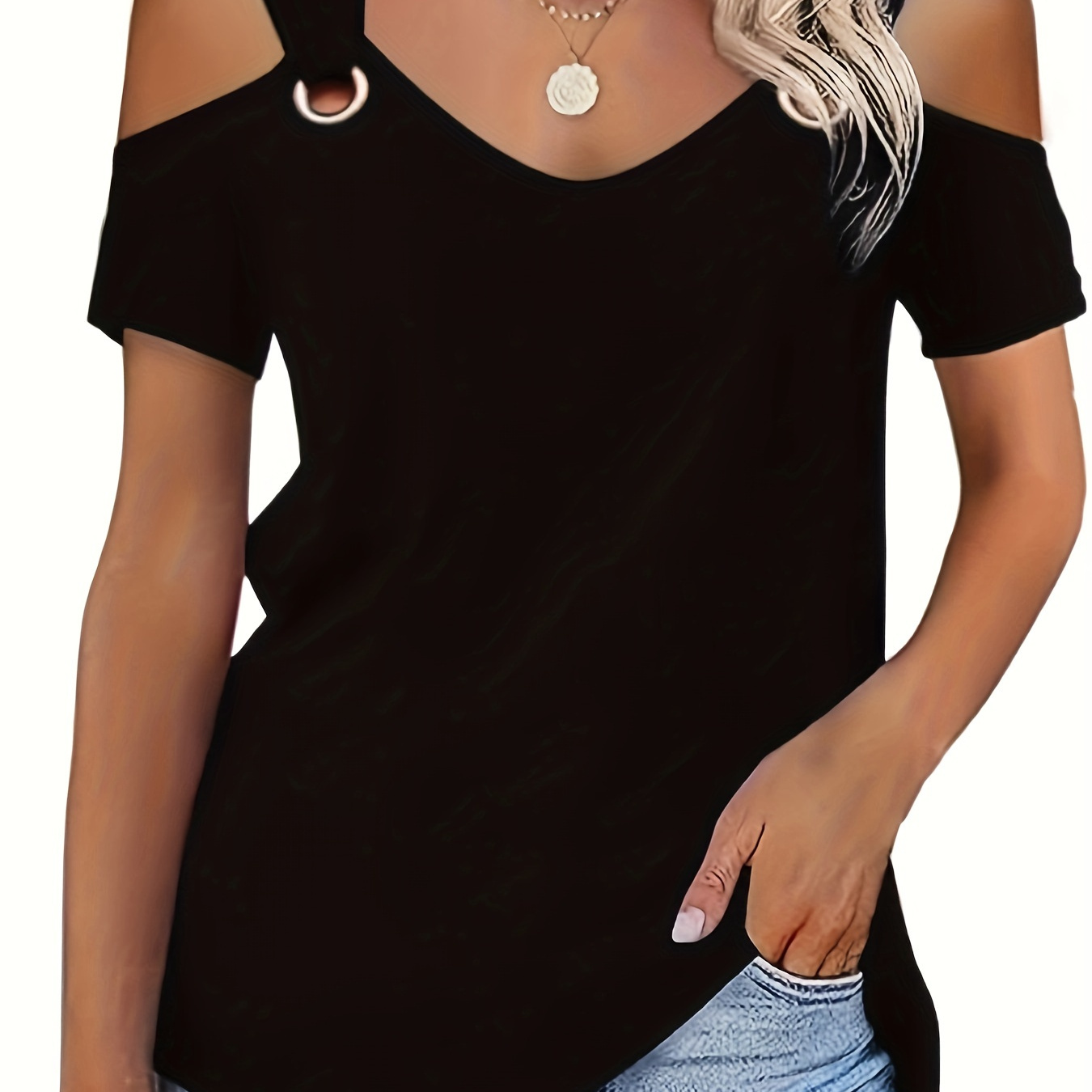 

Womens Fashion Cold Shoulder Tops V Neck Blouse Tunic Shirts Summer Short Sleeve T Shirts