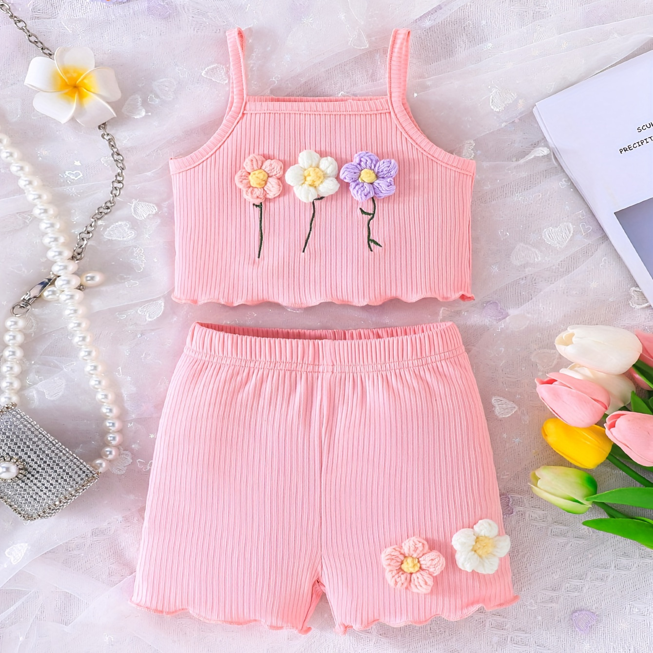 

Baby's Cute Flower Applique 2pcs Summer Casual Outfit, Ribbed Cami Top & Shorts Set, Toddler & Infant Girl's Clothes For Daily/holiday, As Gift