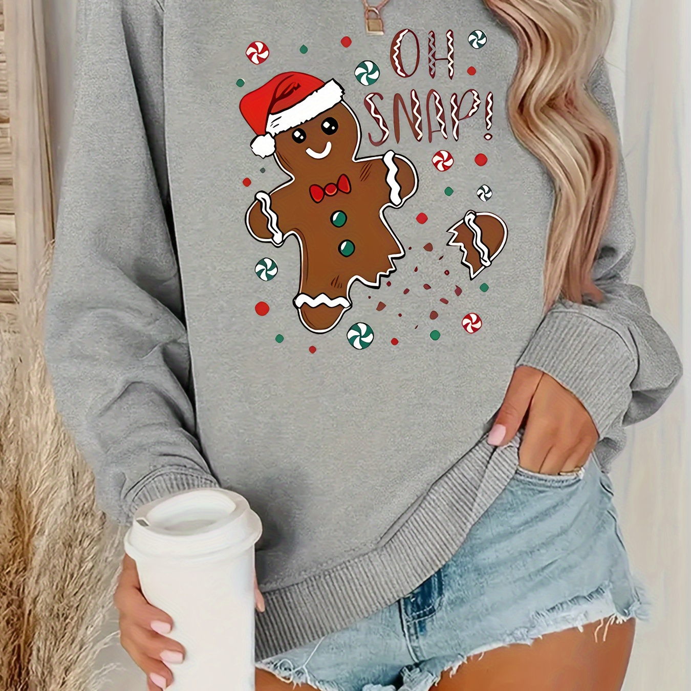 

Women's Festive Christmas Gingerbread Sweatshirt, 1pc, Casual Sporty Pullover With Cartoon Print, Polyester, Round Neck, Stretch Fabric, , Adult Size, Knit (hook & Blend)