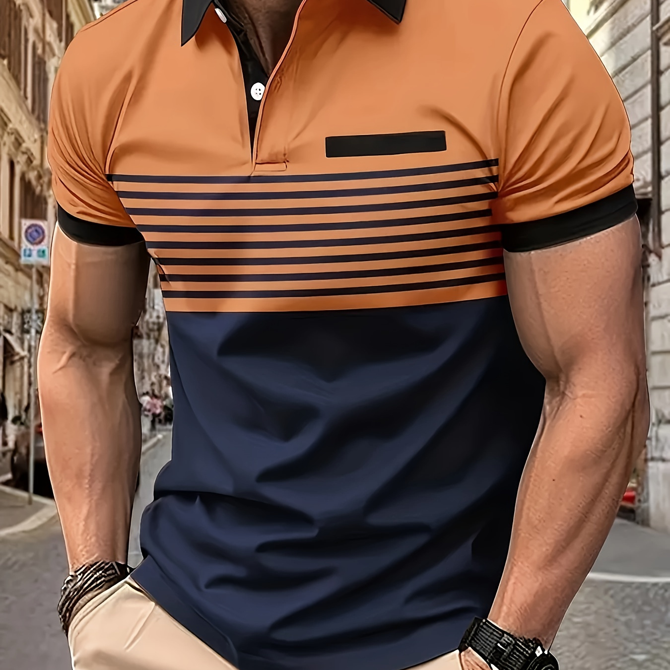 

Men's Striped Short Sleeve Lapel Golf Shirts With Contrast Collar Design, Casual Style Slight Stretch Regular Fit Summer Tops, Summer Golf Shirts