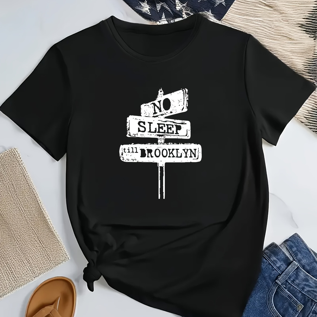 

Women's Casual "no Sleep Till Brooklyn" Letter Printed Round Neck Short Sleeve T-shirt, Black, Relaxed Fit