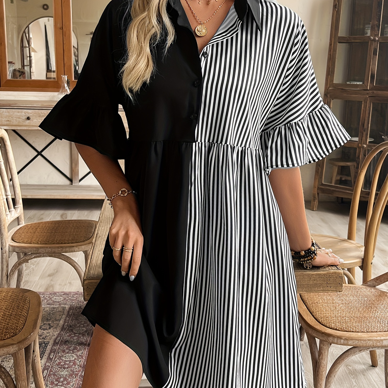 

Striped Button Front Dress, Elegant Short Sleeve Loose Dress For Spring & Summer, Women's Clothing