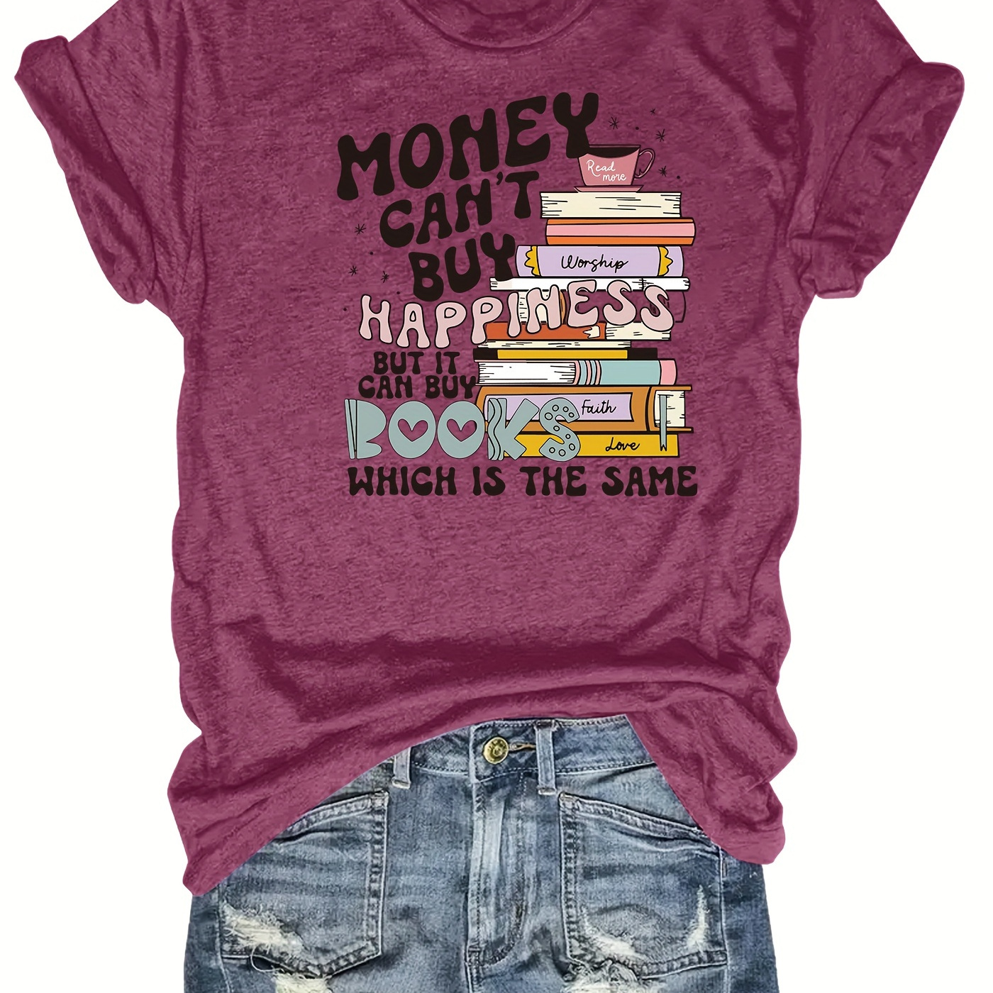 

Plus Size Book Print T-shirt, Casual Short Sleeve Crew Neck Top For Summer & Spring, Women's Plus Size Clothing
