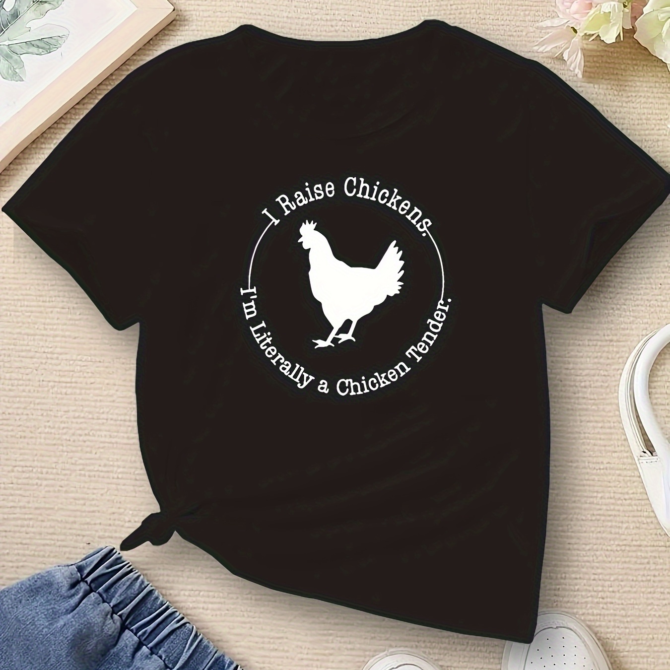 

I Raise Chickens Print Crew Neck Short Sleeve T-shirt Girls Comfy Quick-drying Tees Summer Clothes