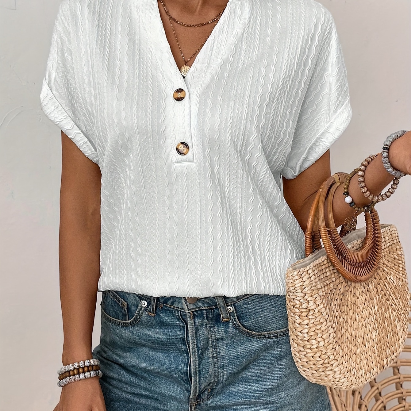 

Solid Textured Button Front T-shirt, Casual Short Sleeve T-shirt For Spring & Summer, Women's Clothing