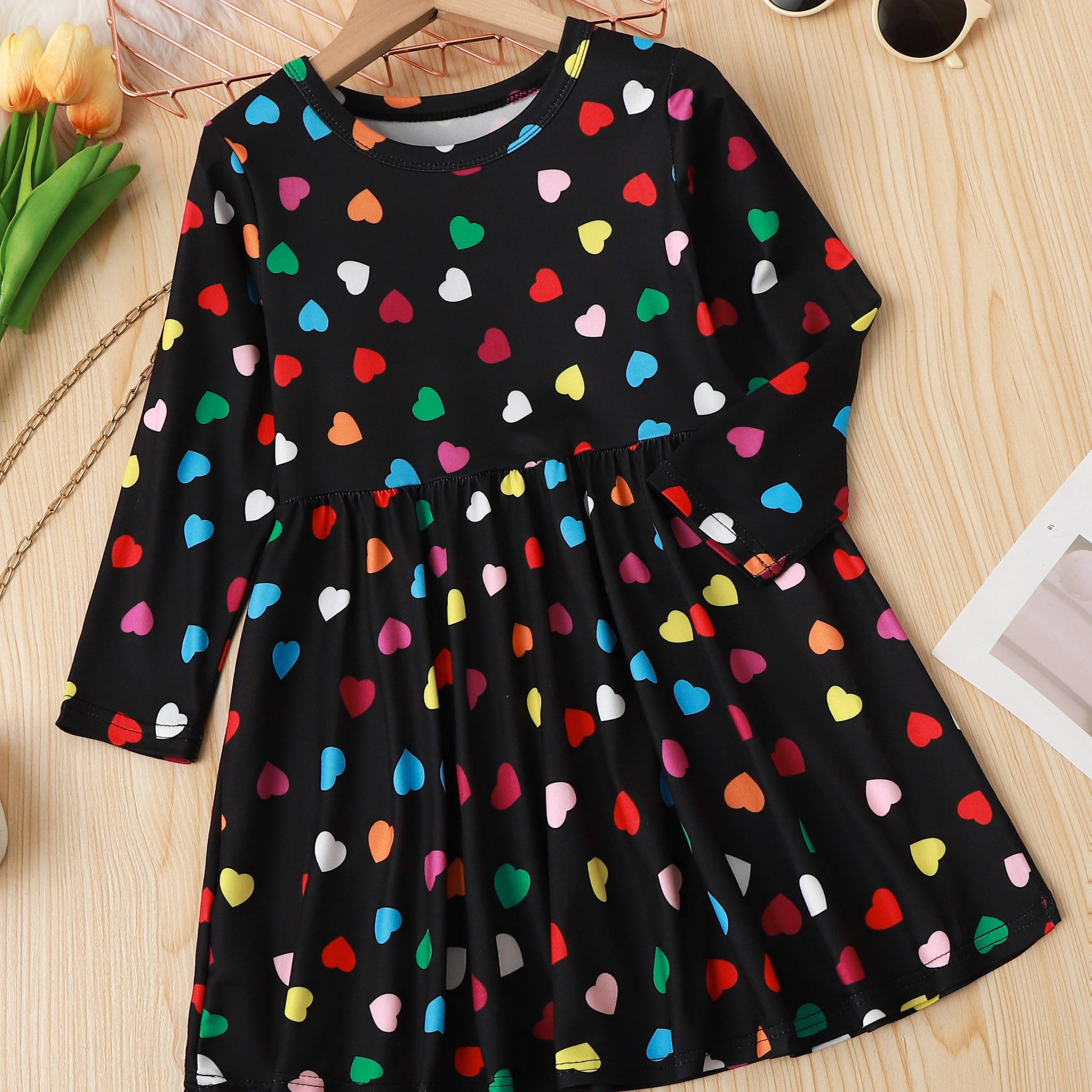 

Cute Girls Heart Graphic Crew Neck Long Sleeve Dress Sweet Dresses Spring Fall Valentine's Day Gift