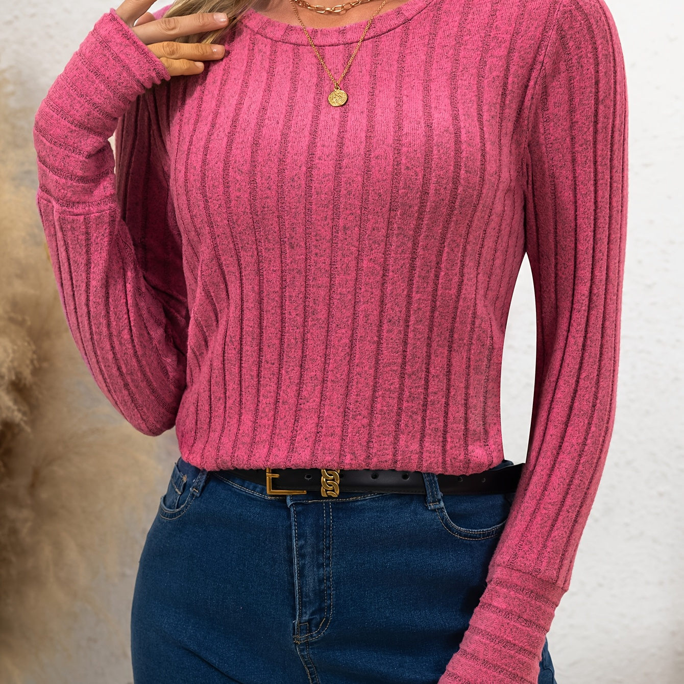 

Women's Elegant Solid Color Ribbed T-shirt - Casual Long Sleeve Crew Neck Top For Spring & Fall, Machine Washable