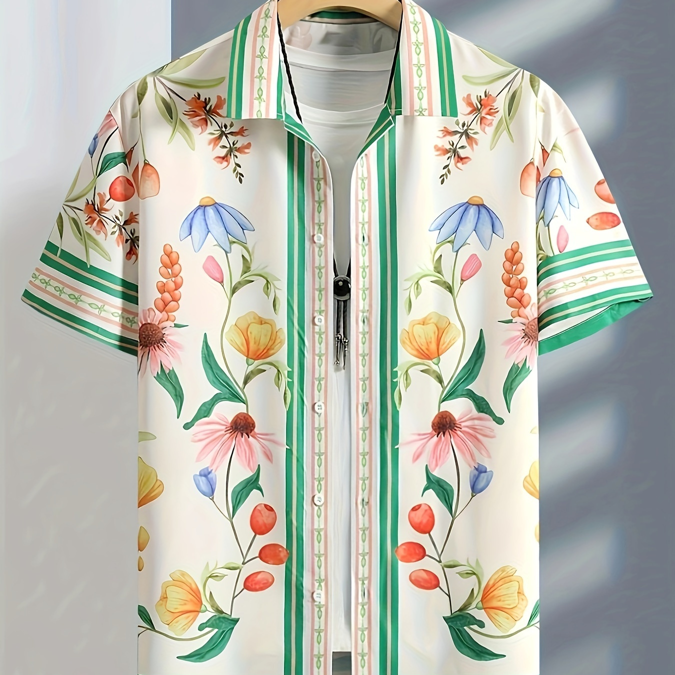 

Men's Floral Graphic Pattern And Stripe Print Lapel Shirt With Button Down Placket And Short Sleeve, Fashionable And Chic Tops For Men, Suitable For Summer Leisurewear And Vacation