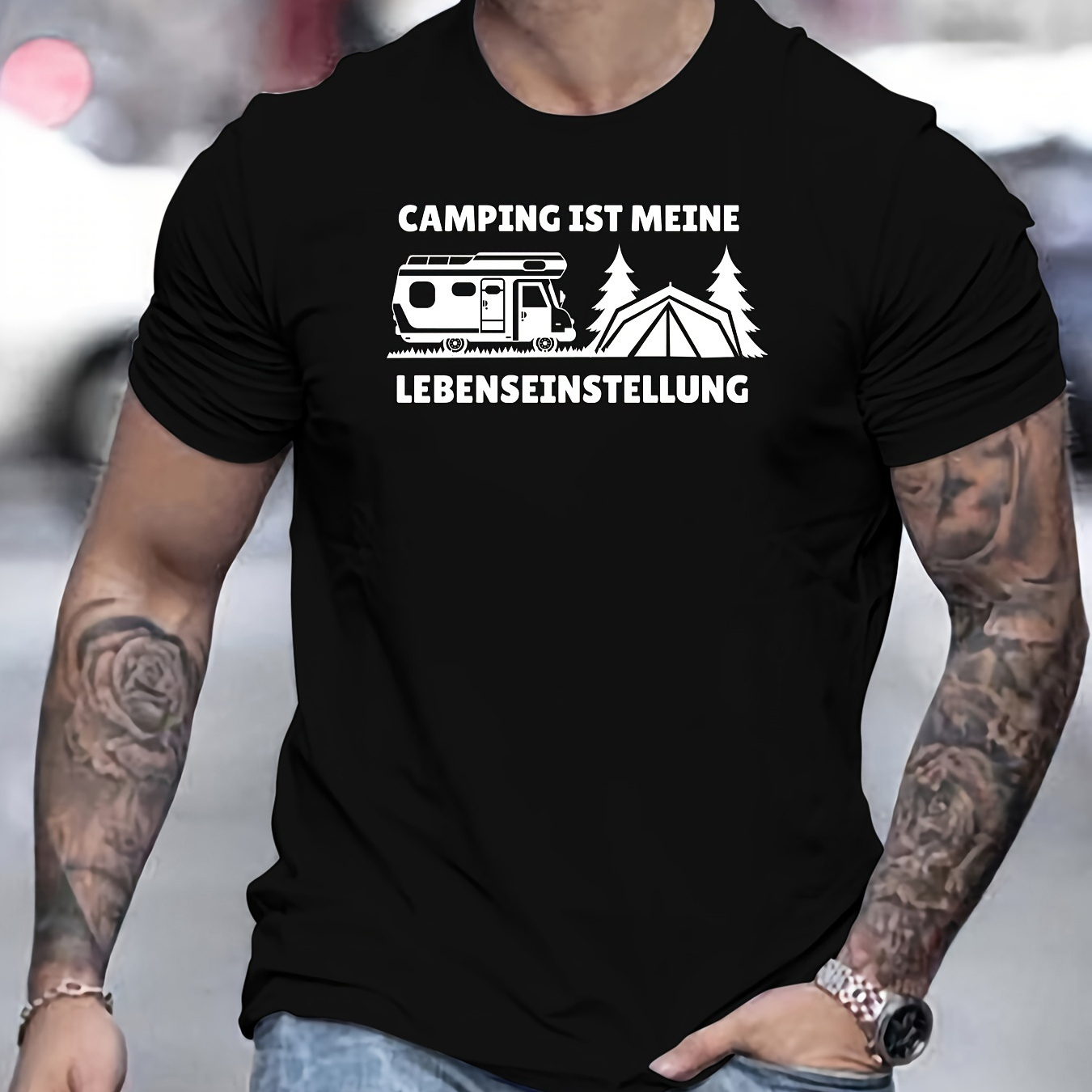 

Men's Casual Novelty T-shirt, " Camping Ist Mein" Creative Print Short Sleeve Summer Top, Comfort Fit, Stylish Crew Neck Tee For Daily Wear