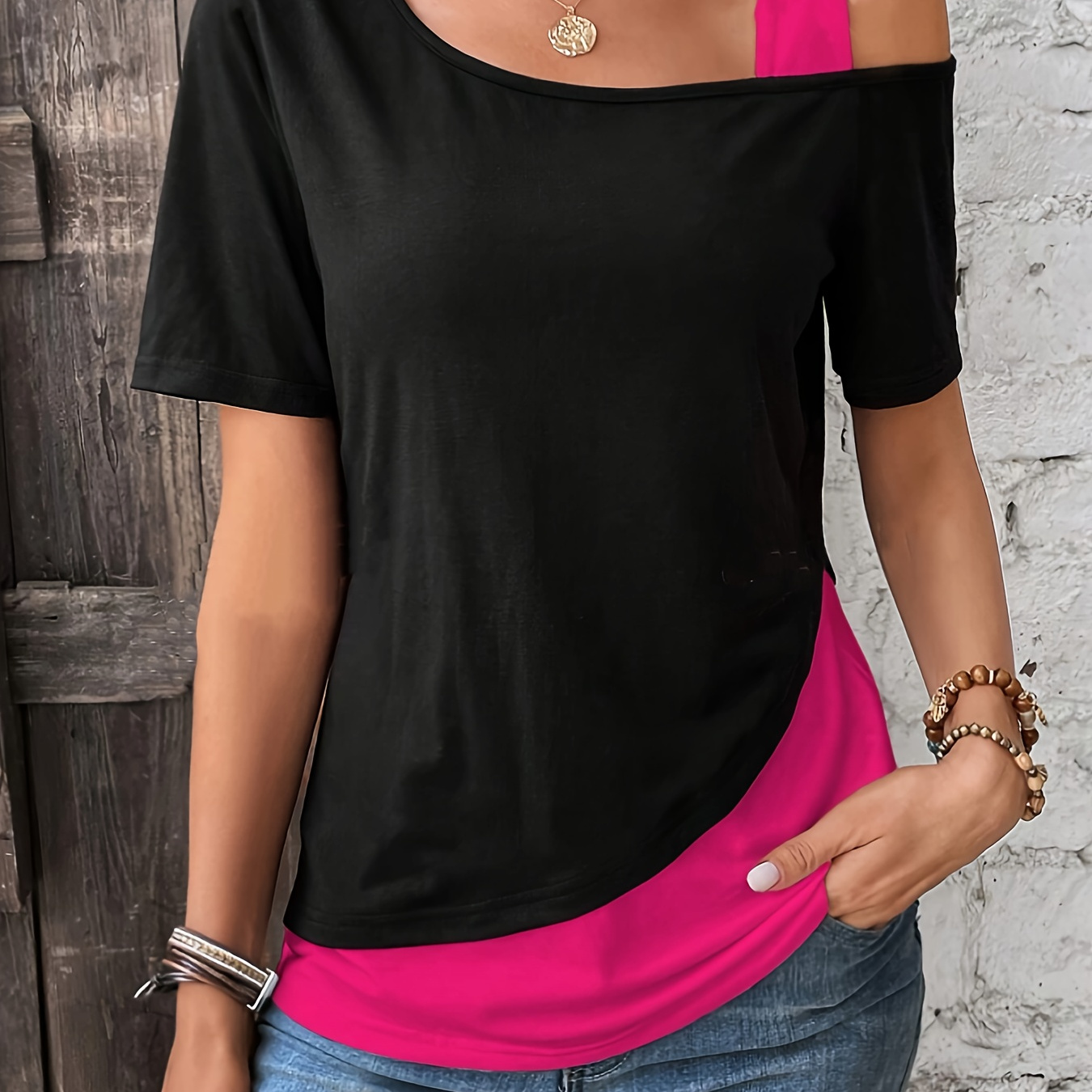 

Color Block Cold Shoulder T-shirt, Casual Asymmetrical Neck Short Sleeve Top For Spring & Summer, Women's Clothing