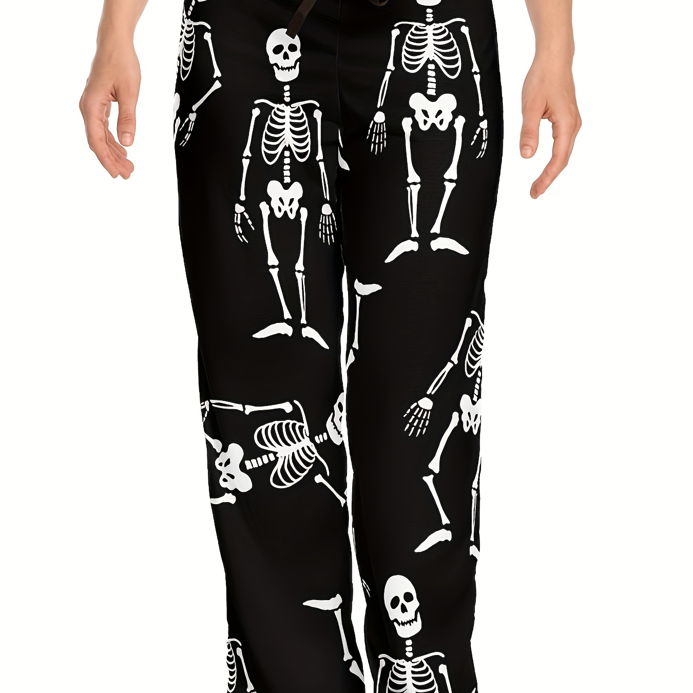 

Plus Size Skeleton Print Straight Leg Pants, Casual Drawstring Waist Pants For Spring & Summer, Women's Plus Size Clothing