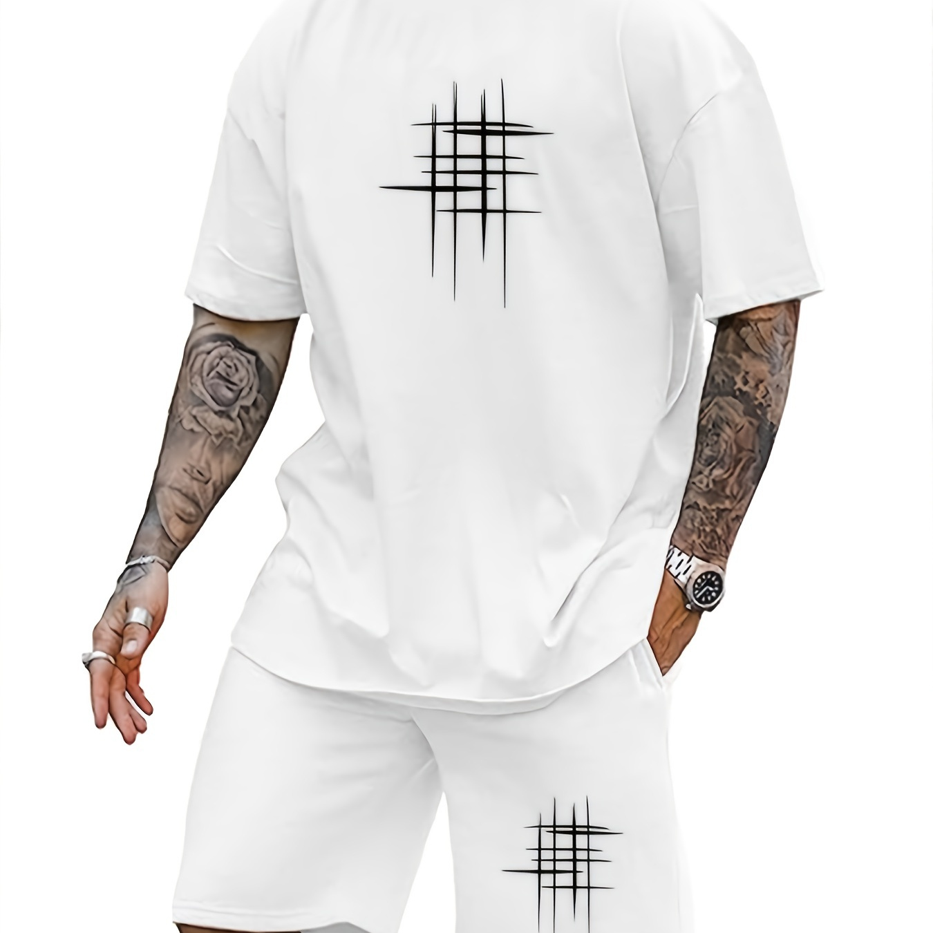 

Men's Pajama Set, Cross Pattern Casual Crew Neck Short Sleeve T-shirt & Drawstring Shorts 2-piece Set For Summer Home Wear