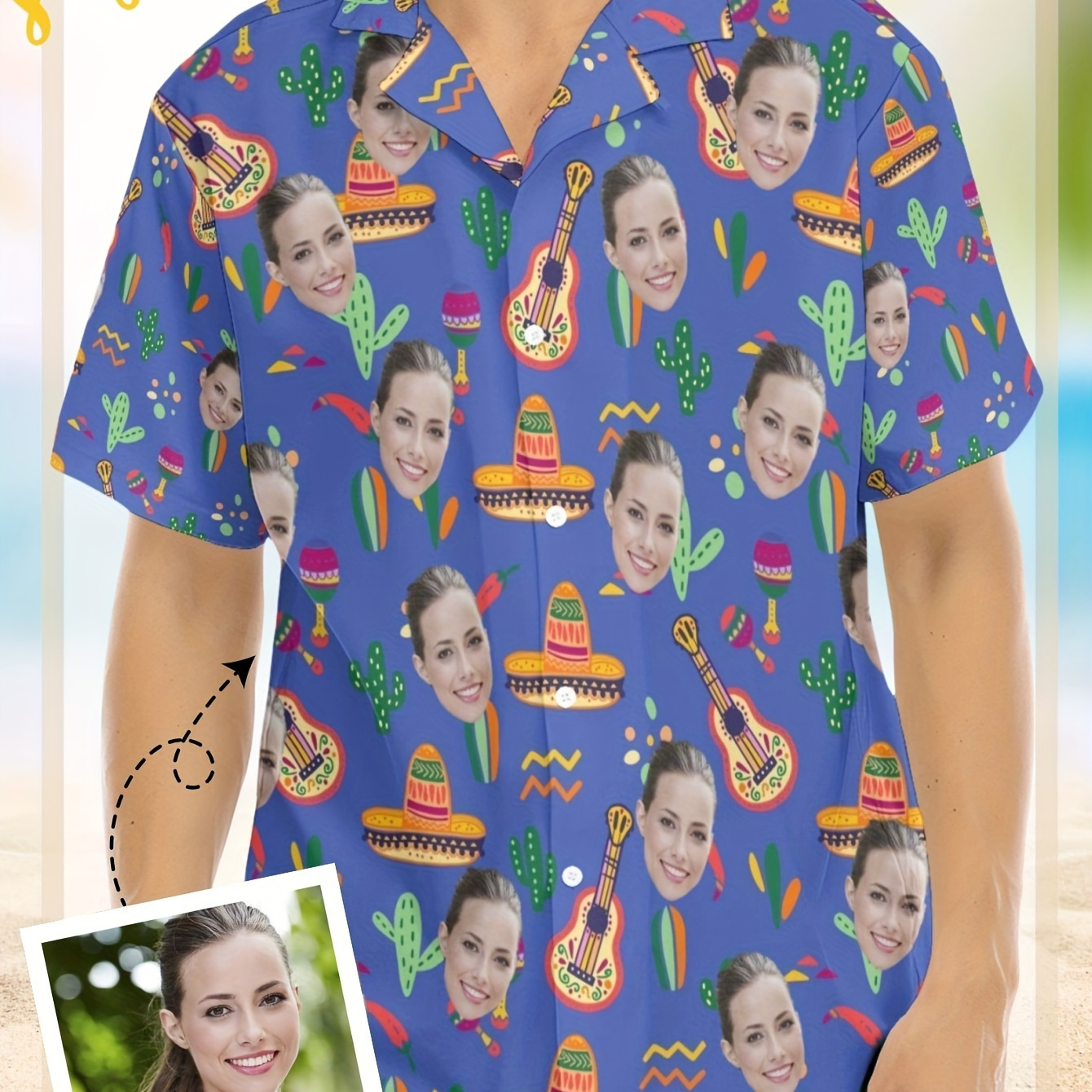 

Plus Size Custom Shirt, Men's Mexican Hat & "your Photo" Graphic Print Short Sleeve Shirt For Summer, Trendy Casual Hawaiian Shirt