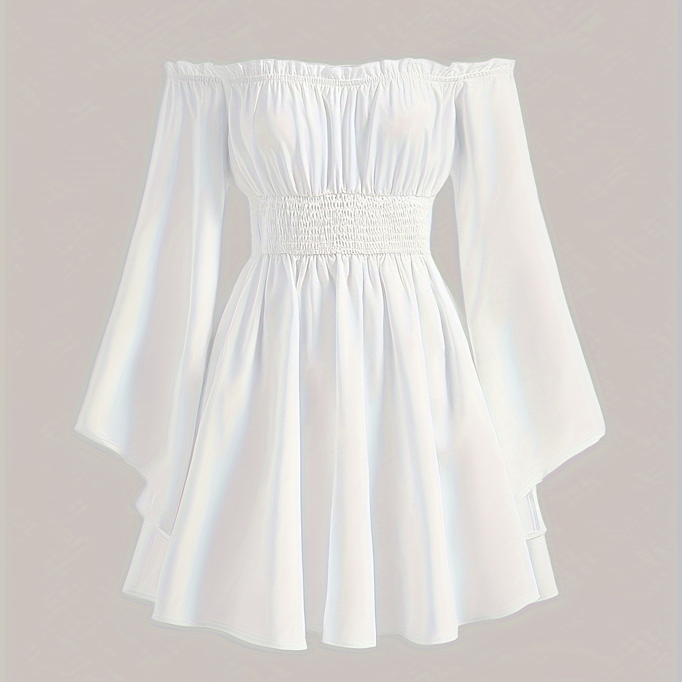 

Lettuce Trim Off Shoulder Dress, Elegant Pintuck Bell Sleeve Dress For Spring & Summer, Women's Clothing