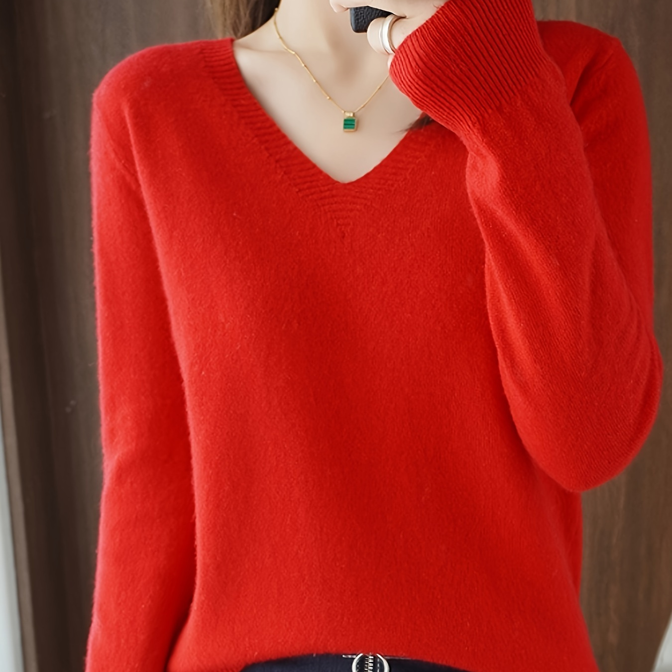 

Solid Color V Neck Pullover Sweater, Versatile Long Sleeve Sweater For Fall & Spring, Women's Clothing