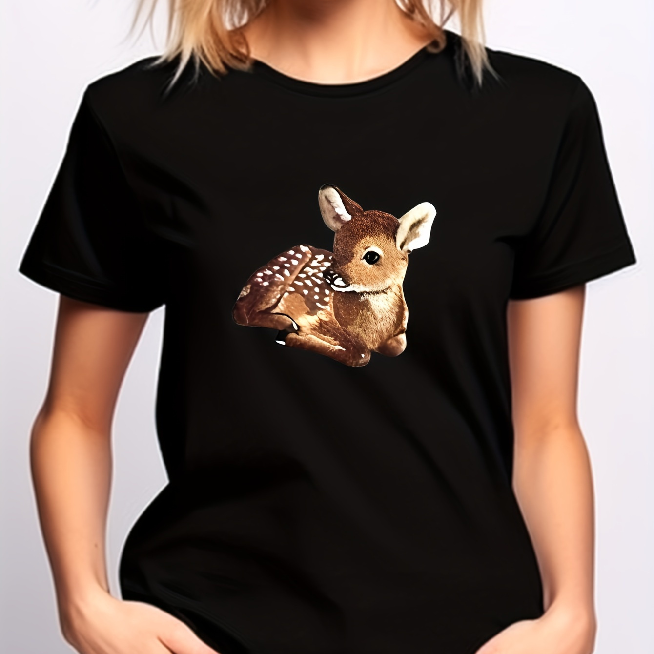 

Deer Print Crew Neck T-shirt, Casual Short Sleeve T-shirt For Spring & Summer, Women's Clothing