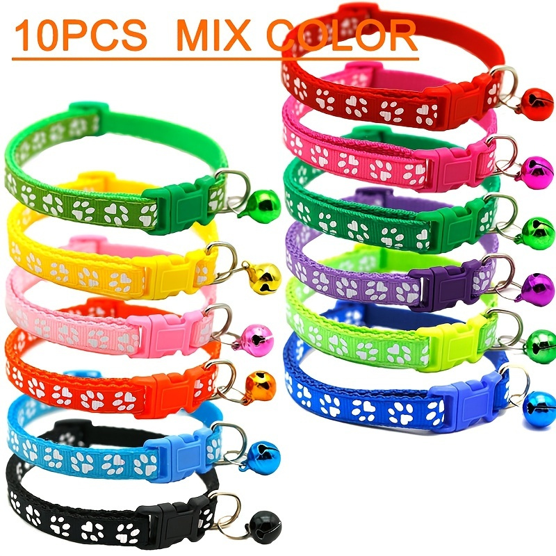 

10pcs Pet Patch Collar With Bell - Vibrant Colors, Single Foot Print And Paw Print Design, Suitable For Dogs And Cats