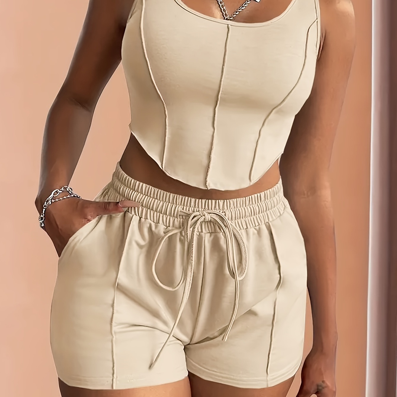 

Solid Casual Two-piece Set, Crew Neck Corset Tank Top & Drawstring Elastic Waist Shorts Outfits, Women's Sports Clothing