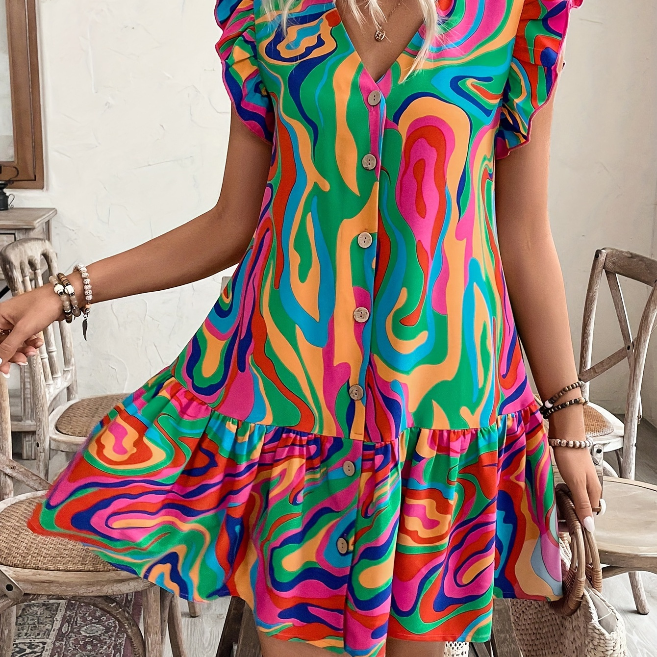 

Colorful Print Button Front Dress, Elegant V Neck Flutter Sleeve Ruffle Hem Vacation Dress For Summer & Spring, Women's Clothing