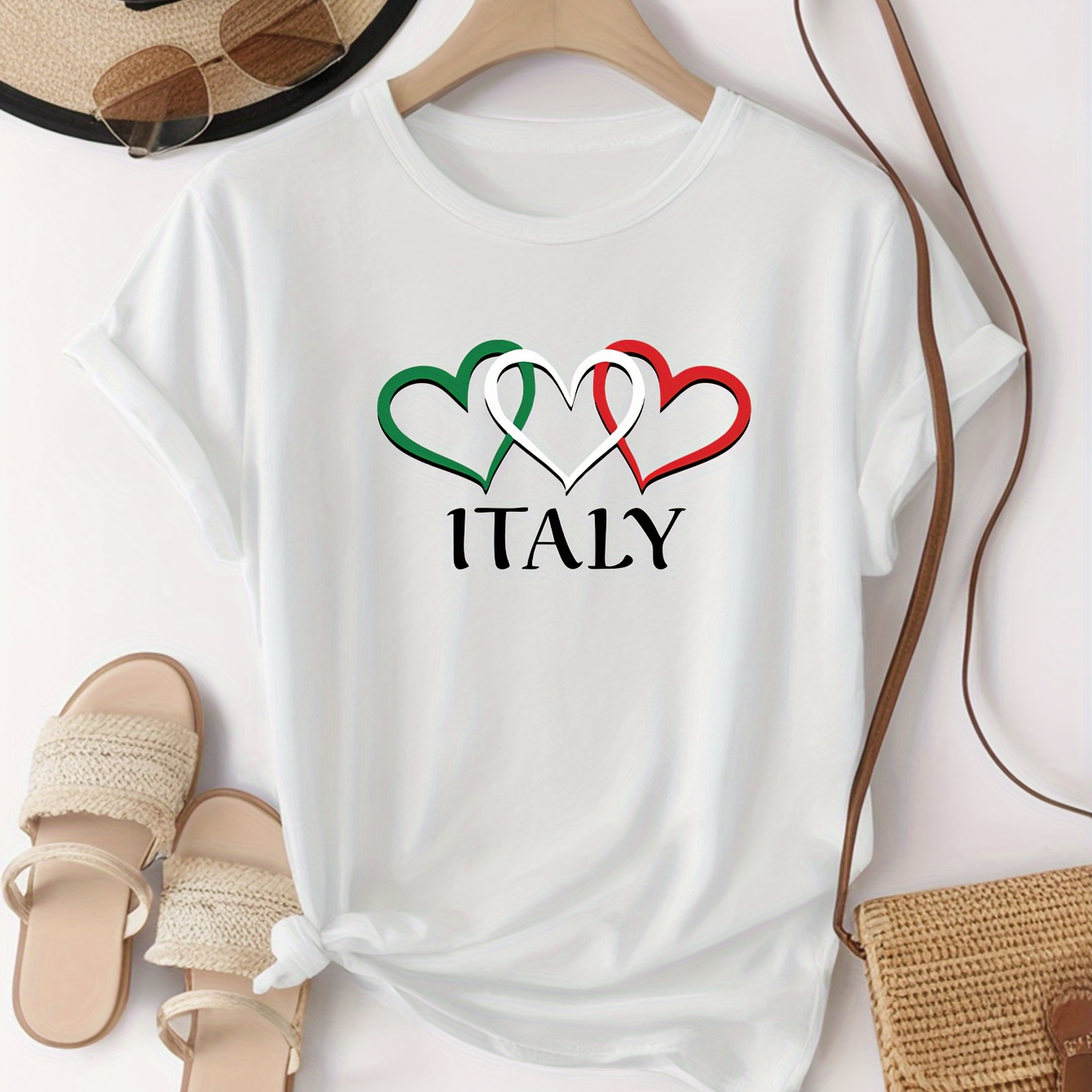 

Plus Size Heart & Italy Print T-shirt, Casual Short Sleeve Crew Neck Top For Spring & Summer, Women's Plus Size Clothing