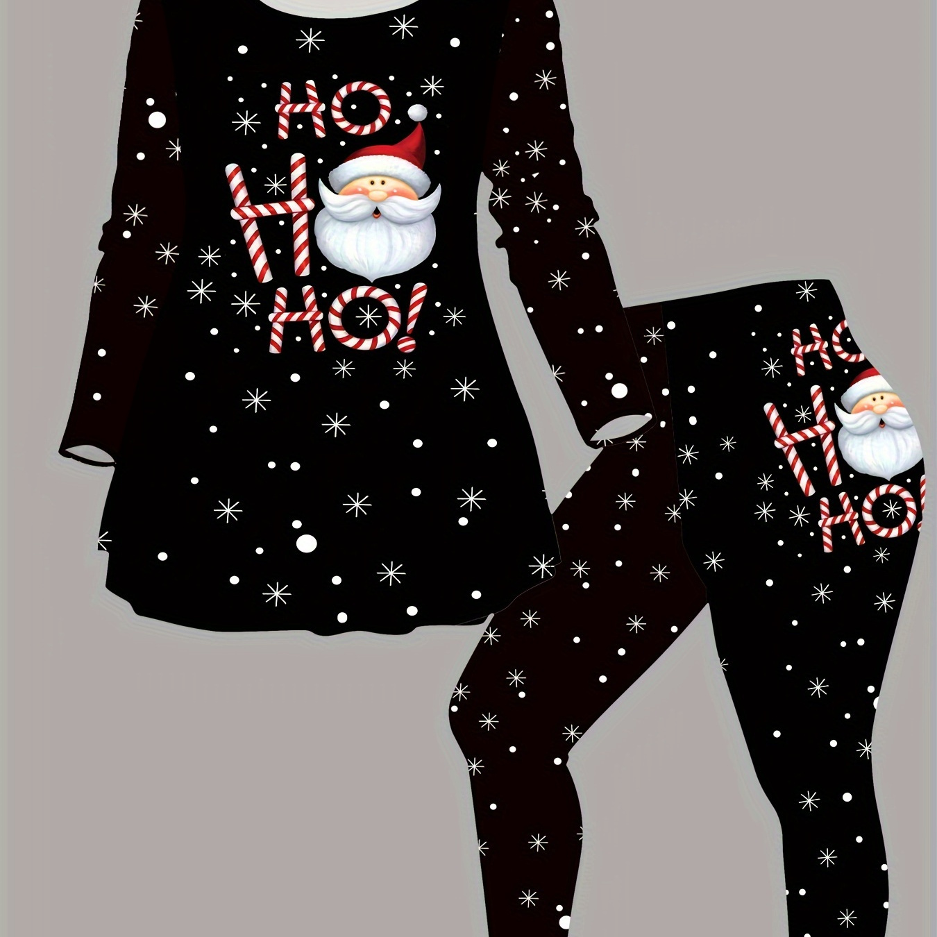 

Plus Size Christmas Santa Print Tunic Top With Leggings Set, Elegant Crew Neck Long Sleeve Knitted Co-ords, Polyester And Spandex, Slight Stretch, Casual