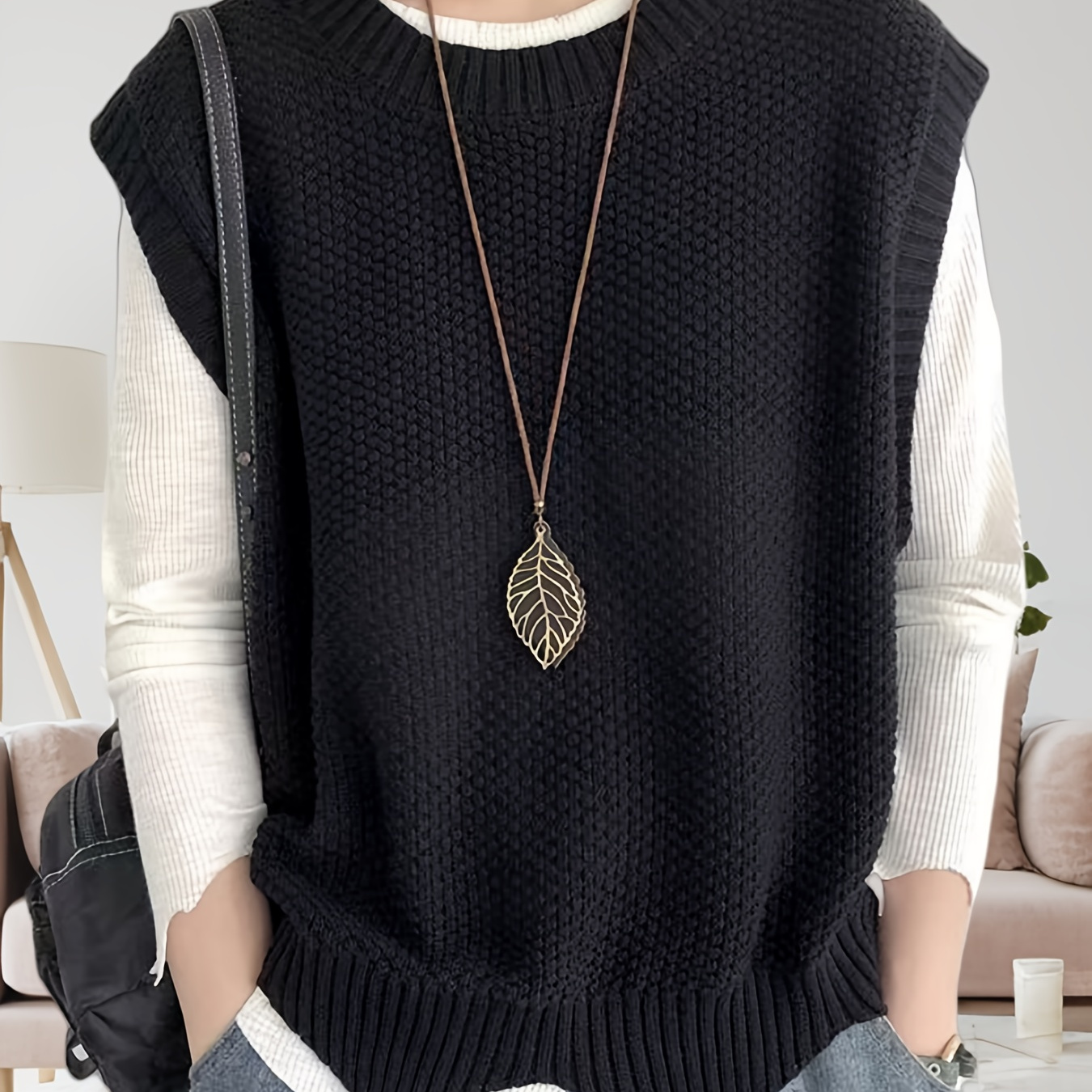 

Chic Casual Sleeveless Knit Vest For Women - Cozy Polyester , Crew Neck, Fall/winter