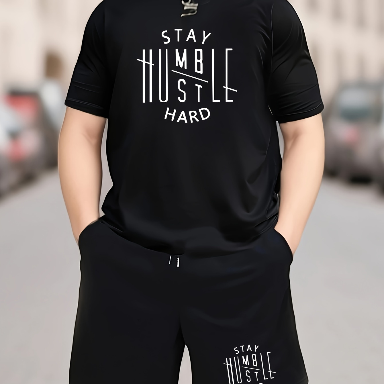 

Stay Hard Letter Print Men's 2 Piece Set, Short Sleeve T-shirt & Drawstring Shorts, Summer Trendy Casual Comfy Sports Suit For Teenagers