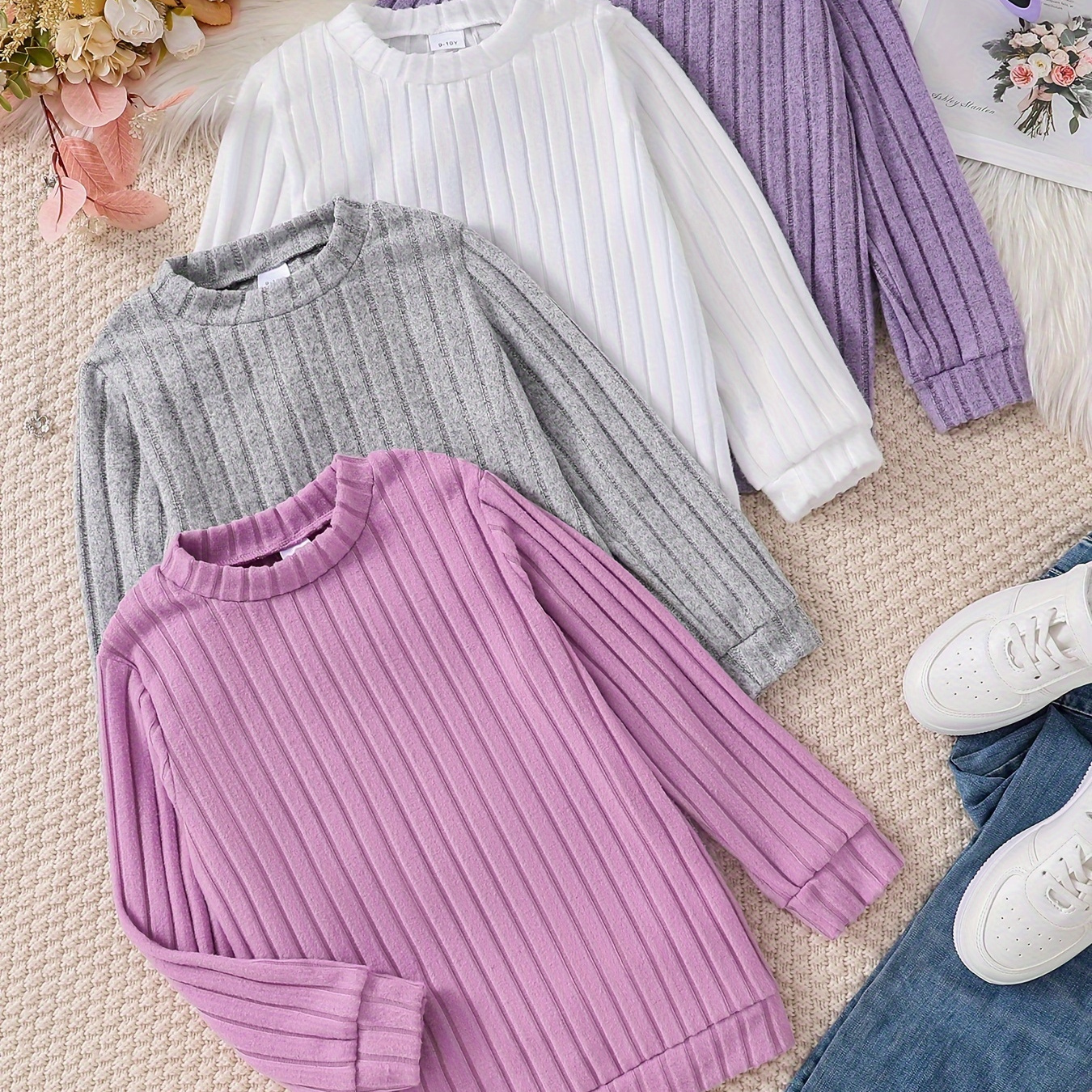 

Girls 4pcs/set Comfy & Versatile Long Sleeve Ribbed Knitted Tops For Fall & Winter, Girls Clothes