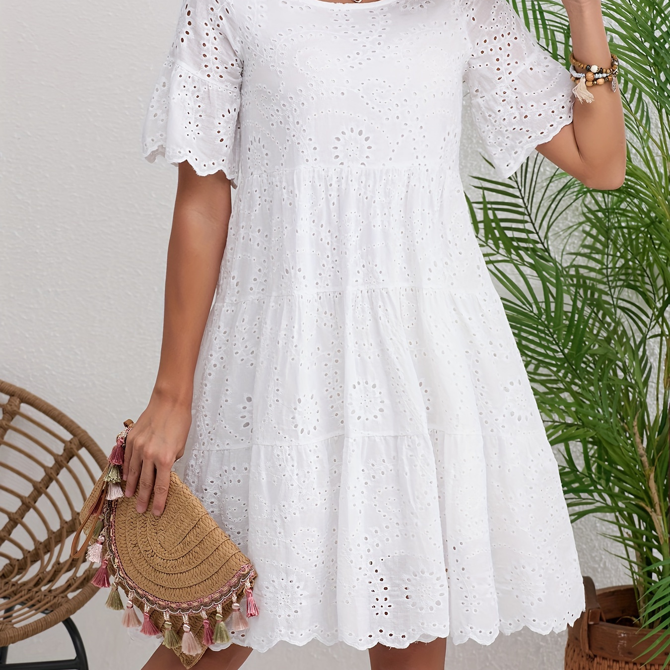 

Eyelet Embroidered Tiered Dress, Vacation Flared Short Sleeve Scallop Trim Crew Neck Dress, Women's Clothing