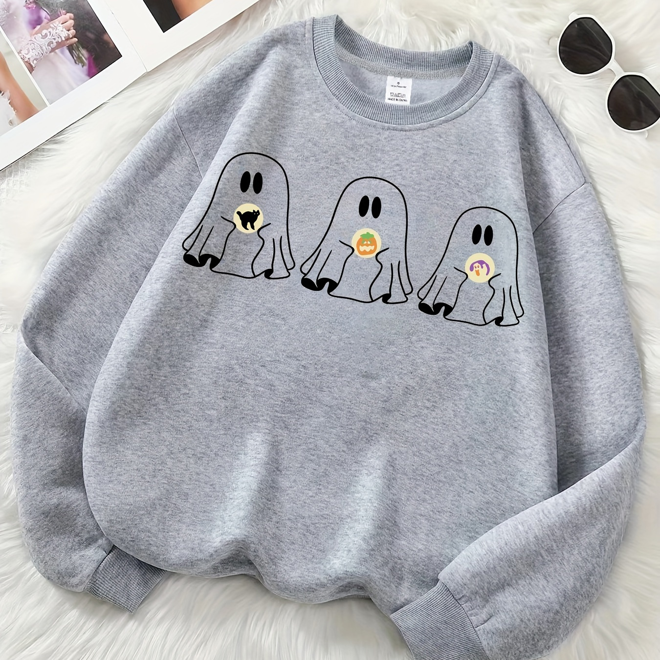 

Halloween Ghost Print Pullover Sweatshirt, Cute Long Sleeve Crew Neck Sweatshirt, Women's Clothing