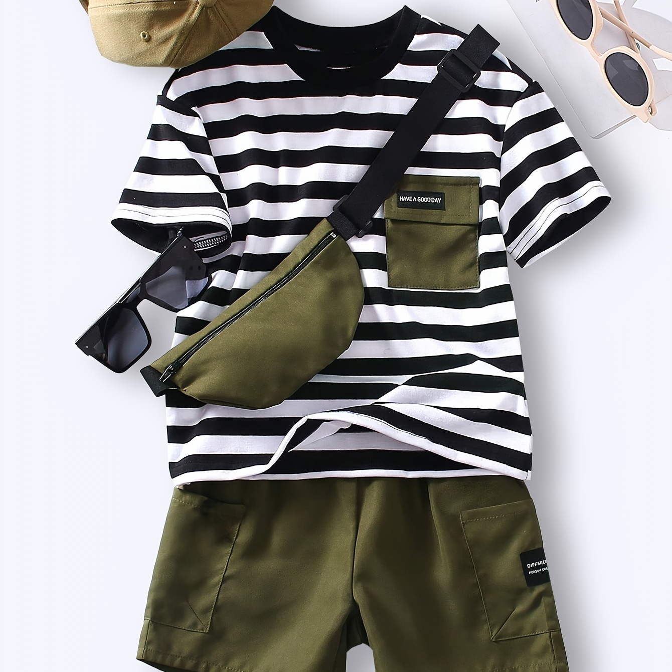 

3pcs Boys Casual Striped Short Sleeve T-shirt & Shorts & Crossbody Bag Set, Comfy Summer Boys Clothes