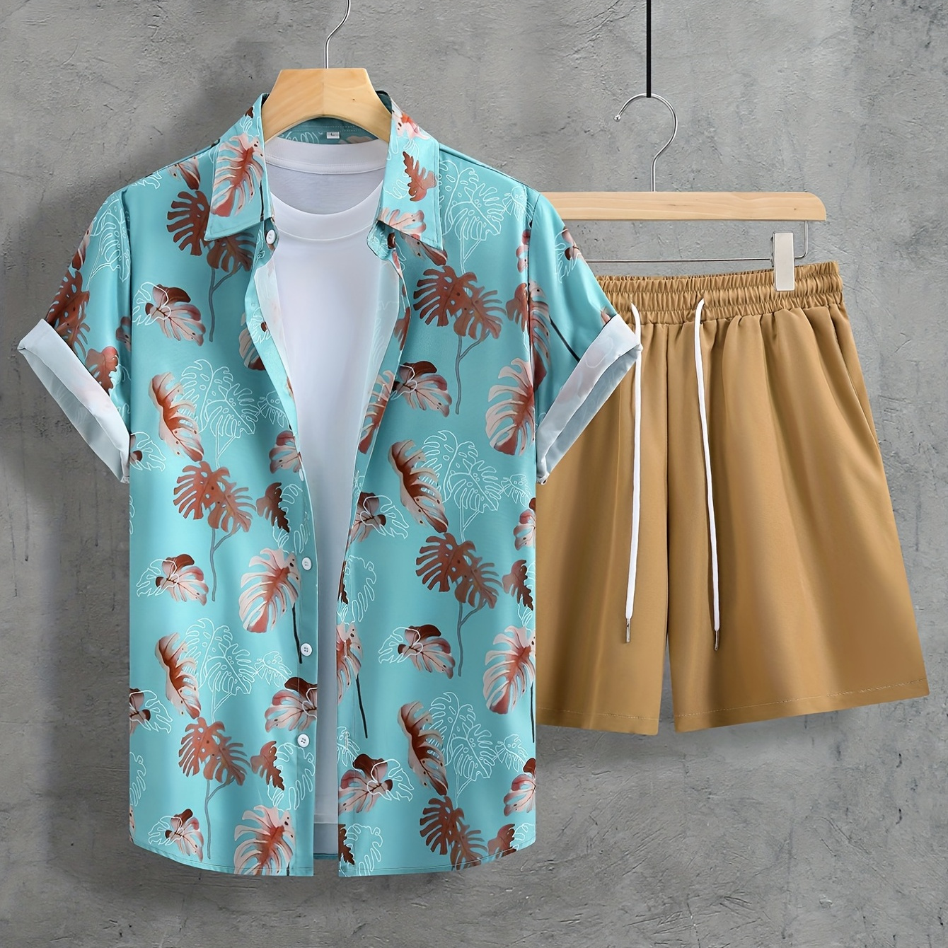 

Leaf Print, Men's Summer 2pc, Short Sleeve Button Up Shirt And Drawstring Shorts Set