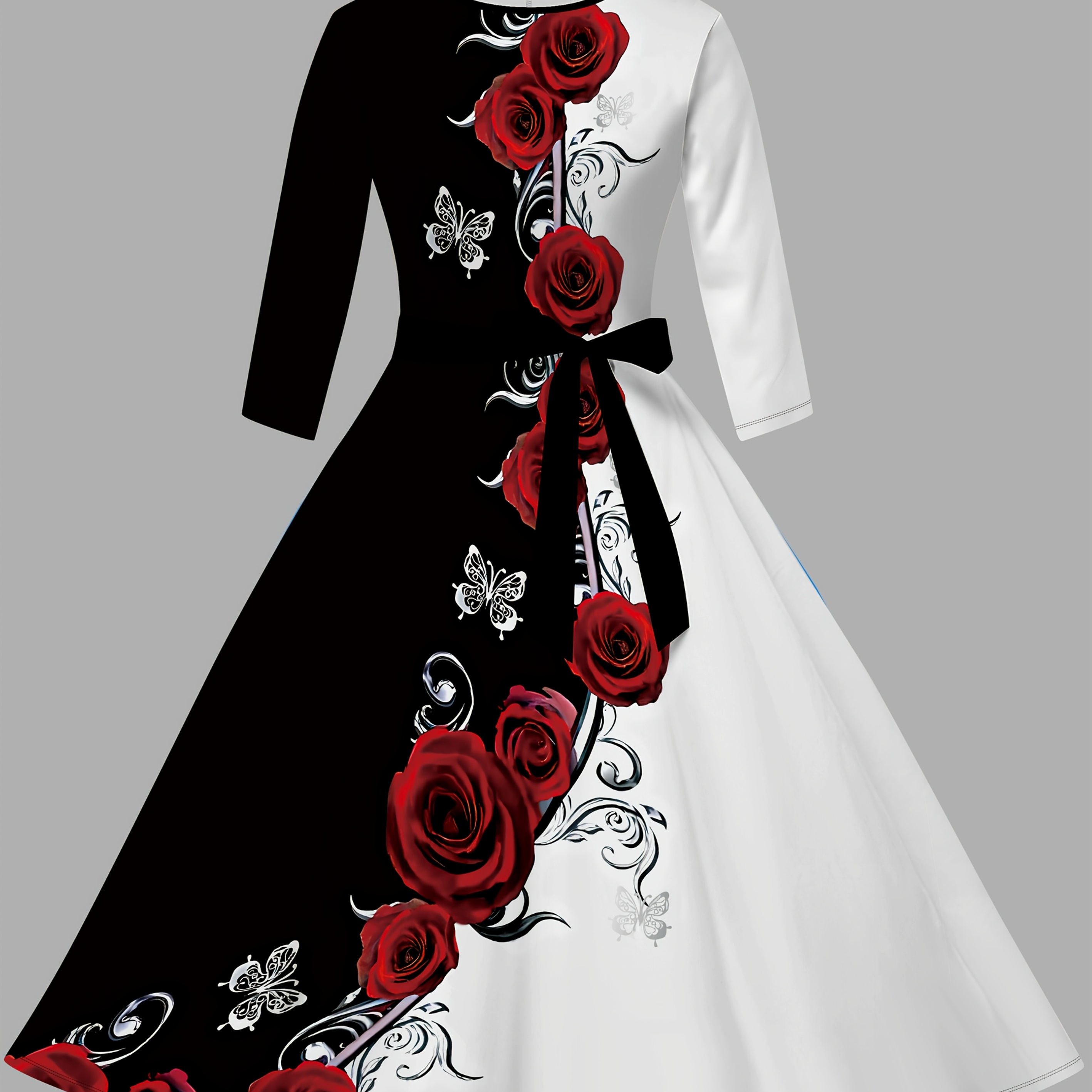 Black/White/Red Rose Print Bow Dress