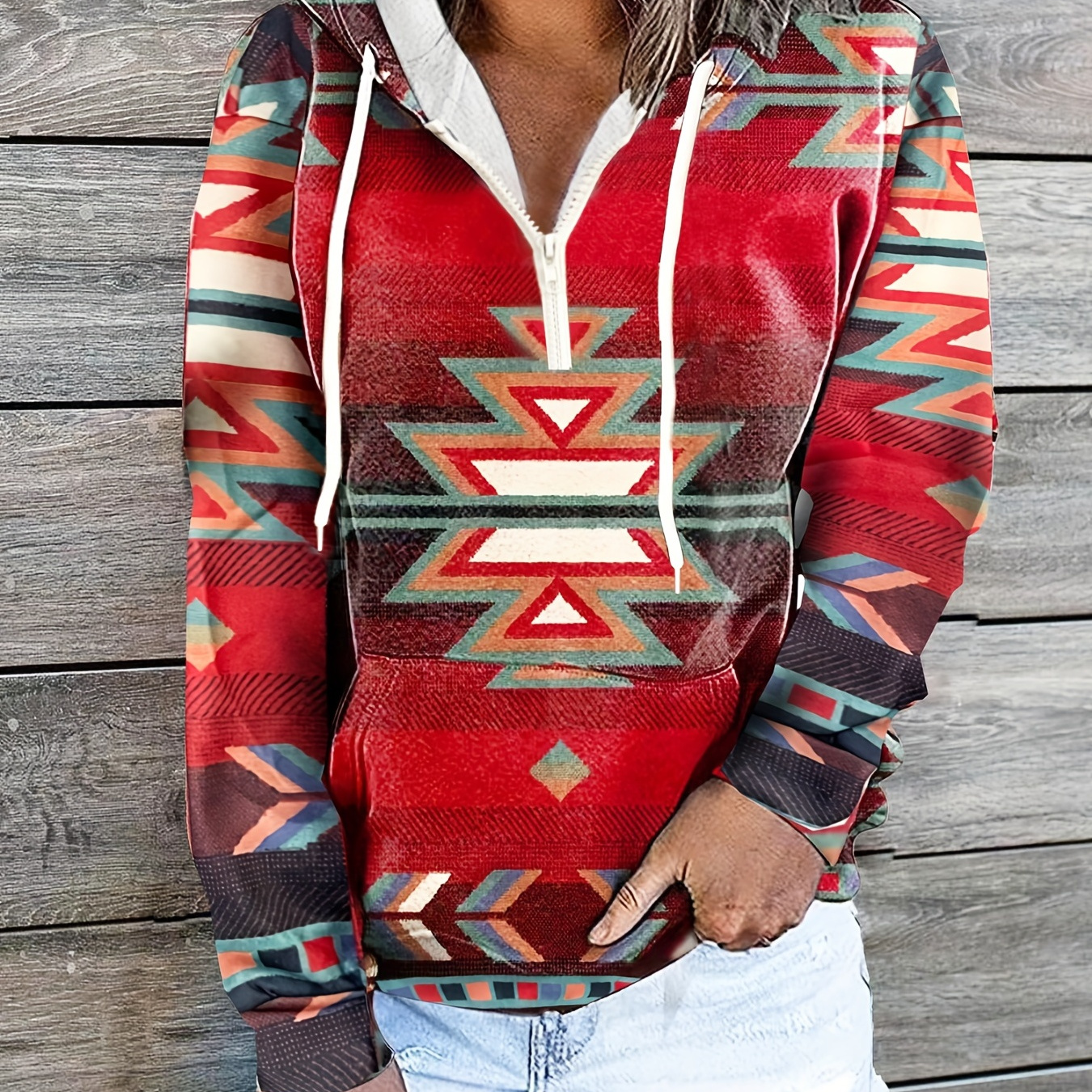 Plus Size Casual Sweatshirt, Women's Plus Geometric Print Zipper Hooded Sweatshirt