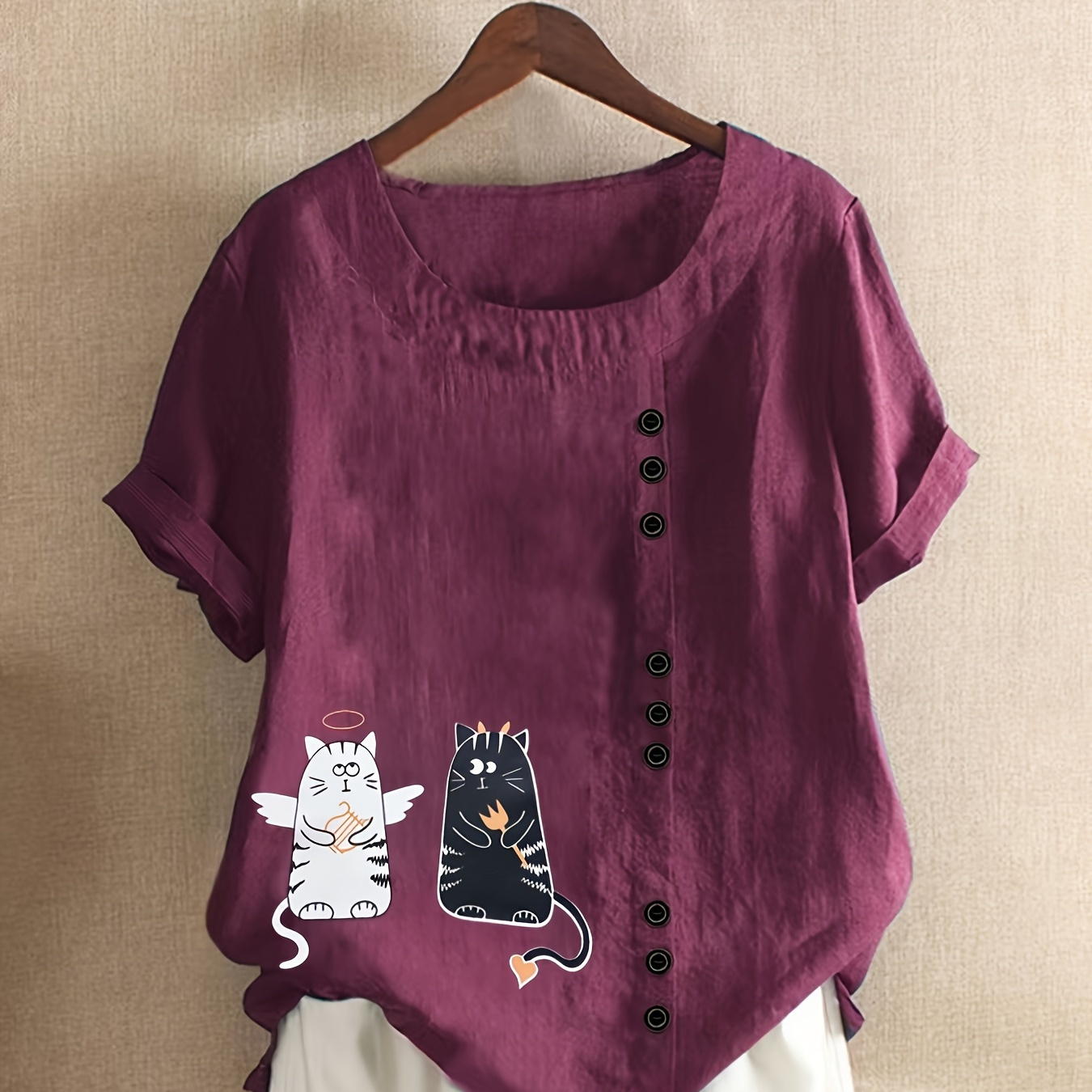 

Plus Size Casual T-shirt, Women's Plus Cute Cat Print Button Decor Short Sleeve Round Neck Slight Stretch T-shirt