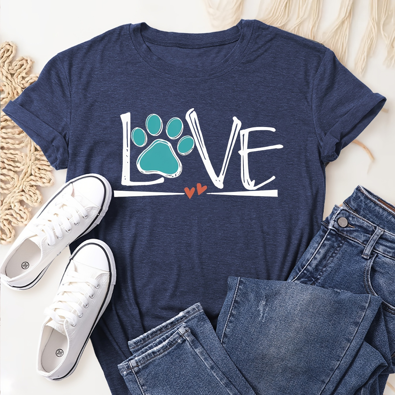 

Paw Neck T-shirt, Casual Short Sleeve Top For , Women's Clothing