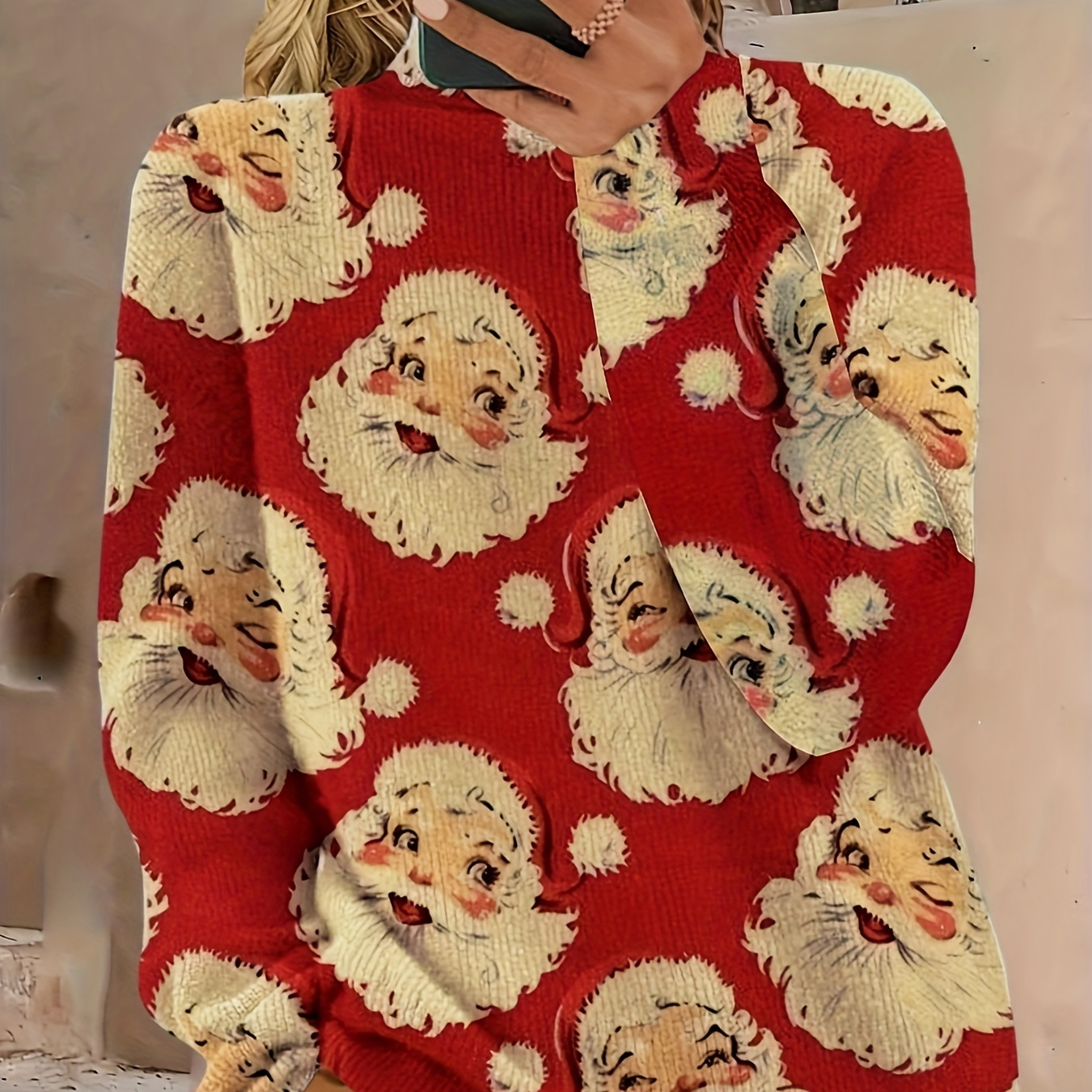 

Plus Size Elegant Santa Print Sweater - Fall/winter Stand Collar Pullover With Medium Stretch, Knit Fabric Christmas Pattern, Polyester Long Sleeve Top