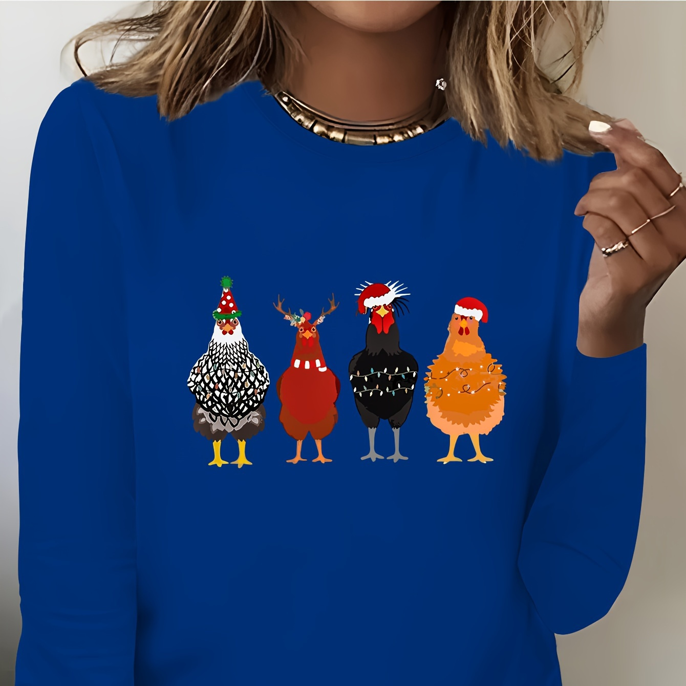 

Christmas Chicken Print T-shirt, Long Sleeve Crew Neck Casual Top For Spring & Fall, Women's Clothing