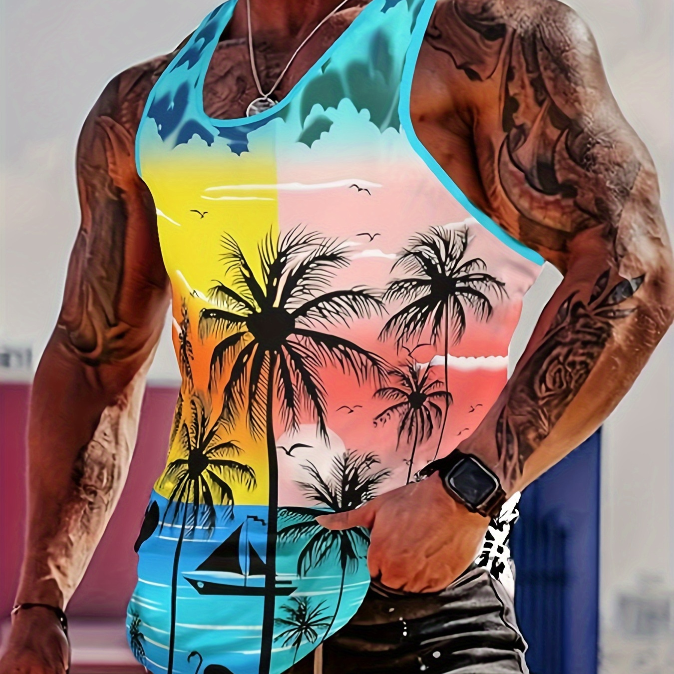 

Men's Trendy Hawaiian Crew Neck Graphic Tank Top With Fancy Palm Tree Print, Vacation Style For Summer Wear