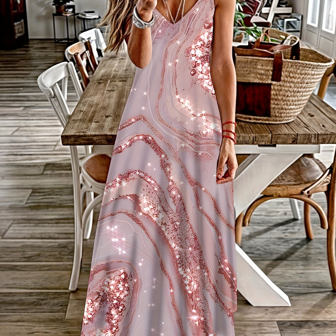 

Allover Print Spaghetti Strap Dress, Casual V Neck Sleeveless Cami Dress For Summer, Women's Clothing