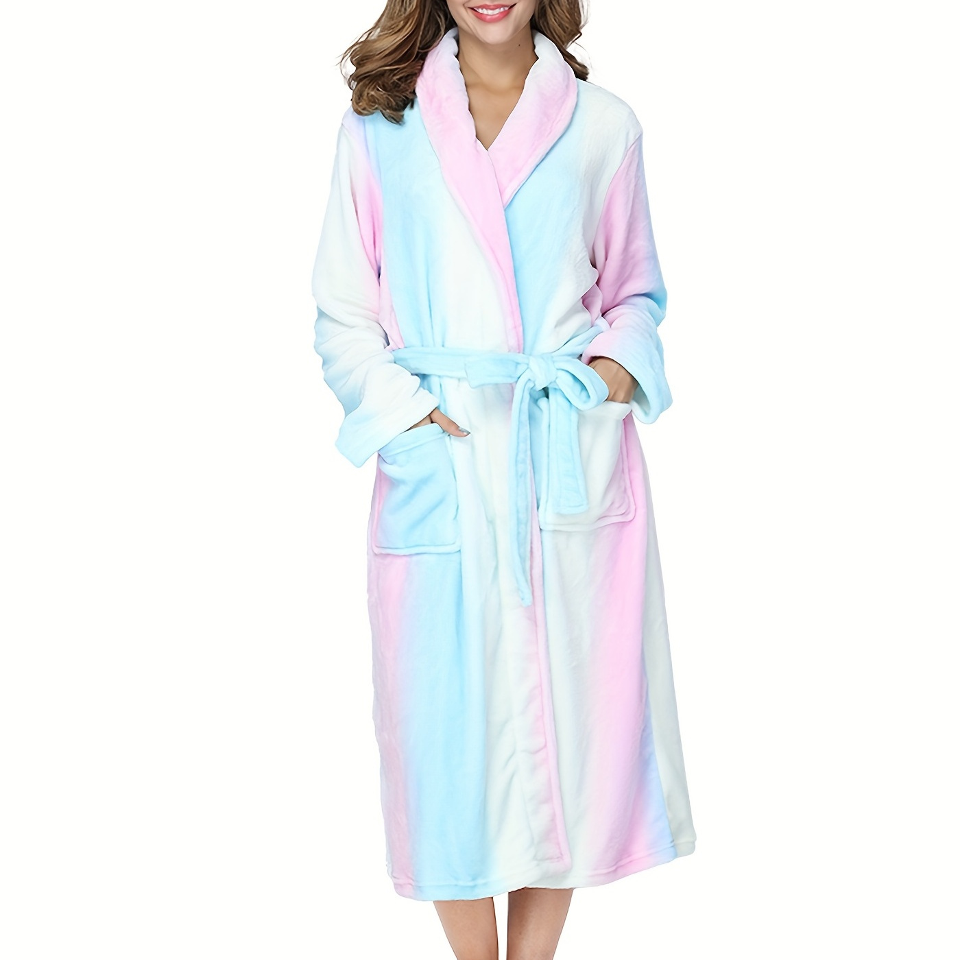 

Colorblock Fuzzy Night Robe, Warm & Comfy Long Sleeve Lapel Robe With Belt, Women's Sleepwear