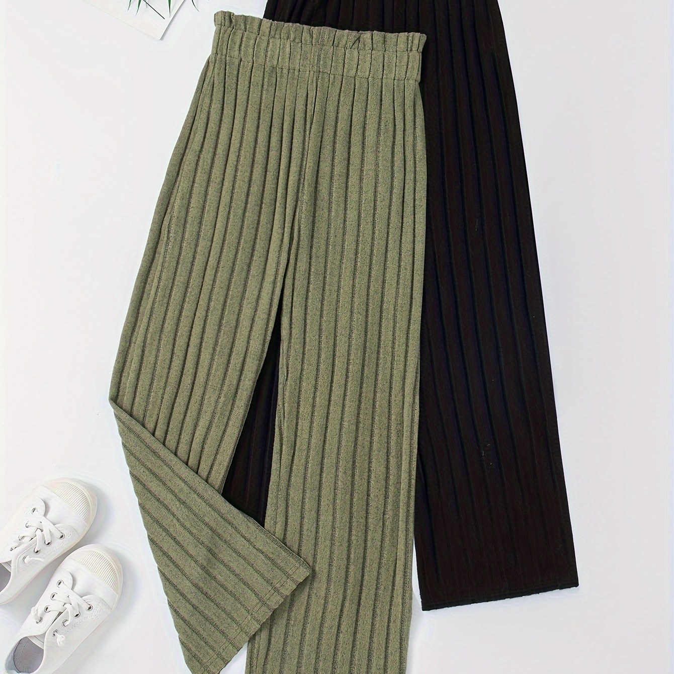 

Girls 2-piece Loose & Casual Solid Colored Rib Knit Trousers For Spring & Fall Outdoors