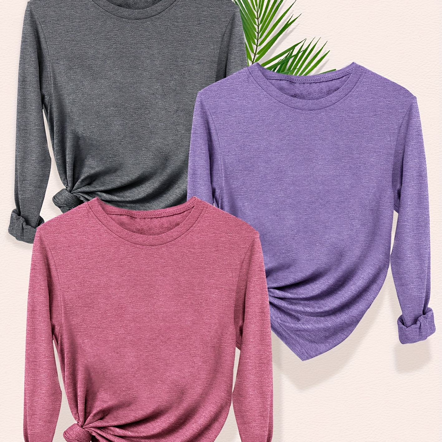 

3pcs Women'-inspired Long Sleeve T-shirts In Gray, Green, & Purple - Casual Crew Neck, Stretchy Polyester , , Sizes S-xxl